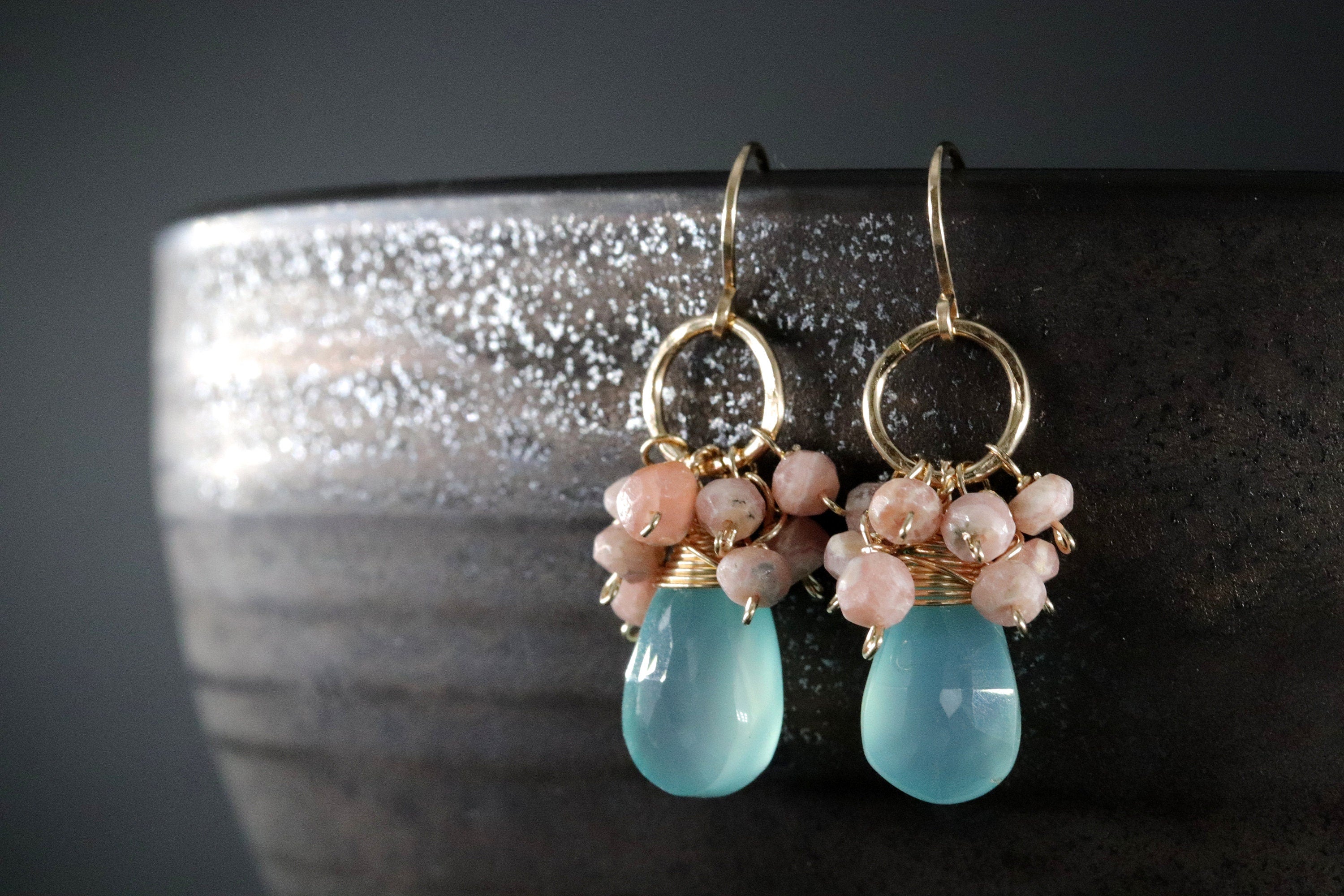 Aqua Chalcedony Pink Rhodonite Floral Cluster Gemstone Earrings, 14K Gold Filled