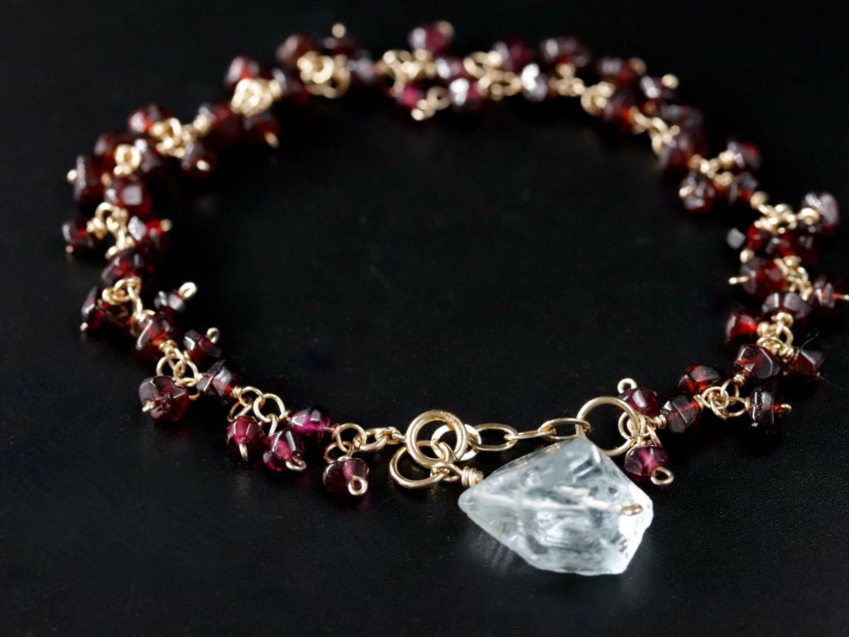 Garnet Aquamarine Gemstone Bracelet, 14K Gold Filled Raw , January Birthstone