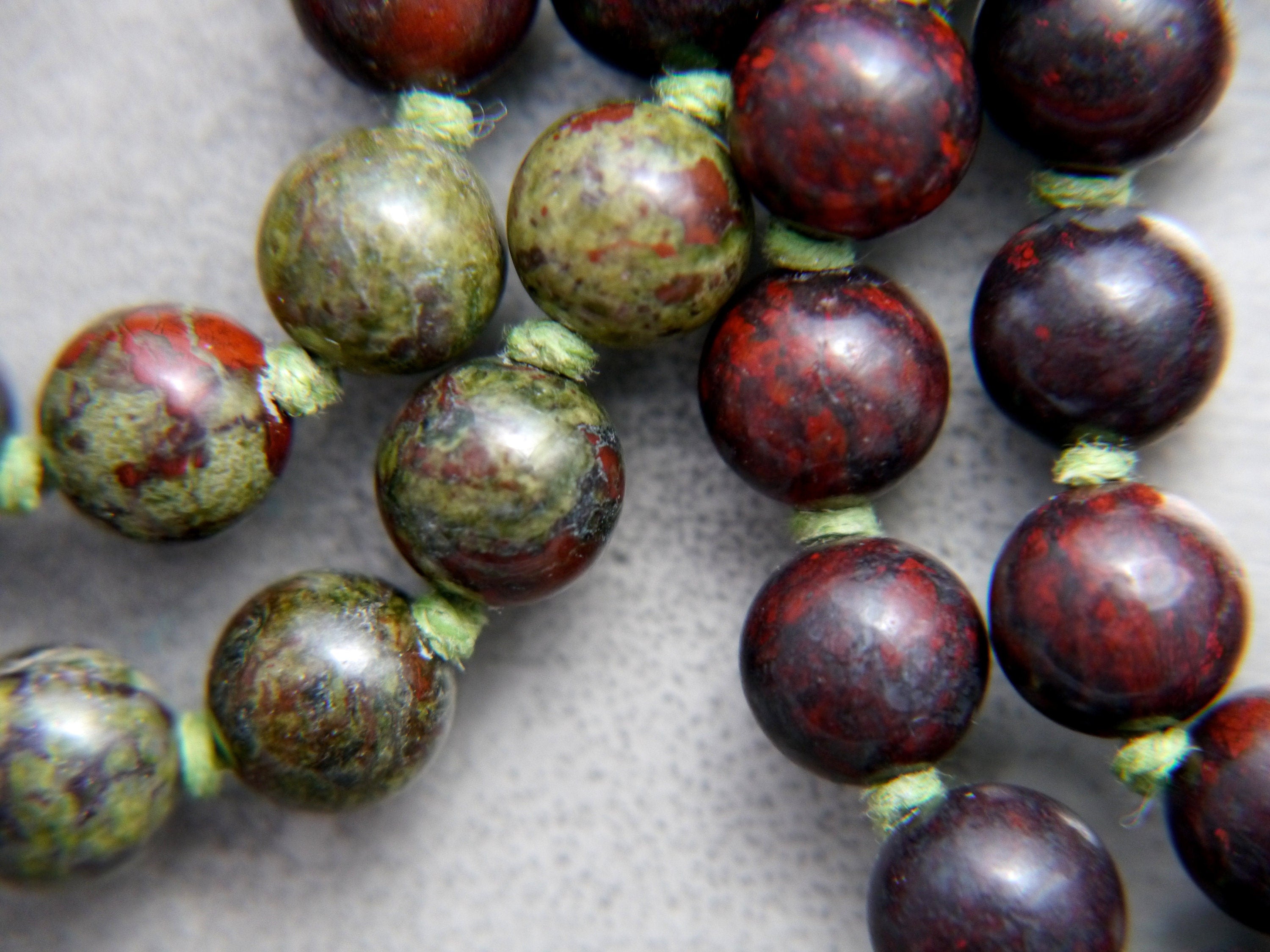 Deep Red Dragon’s Blood Jasper Mala Beads, 108 Gemstone Beads, Wrap, Hand Knotted