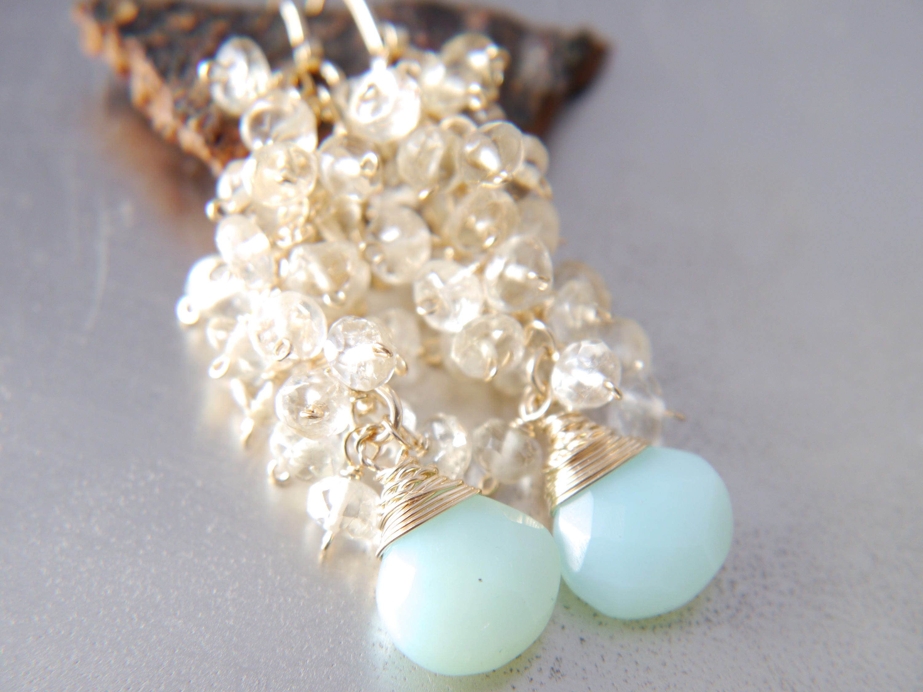 Aqua Chalcedony Citrine Cluster Vine Gemstone Earrings, 14K Gold Filled Bohemian Chic