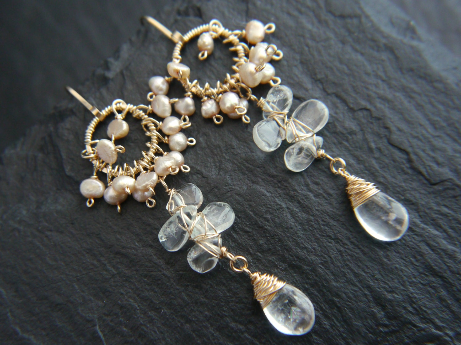 Aquamarine Pink Pearl Cluster Chandelier Earrings, 14K Gold Filled Long Dangle, Bridal Jewelry