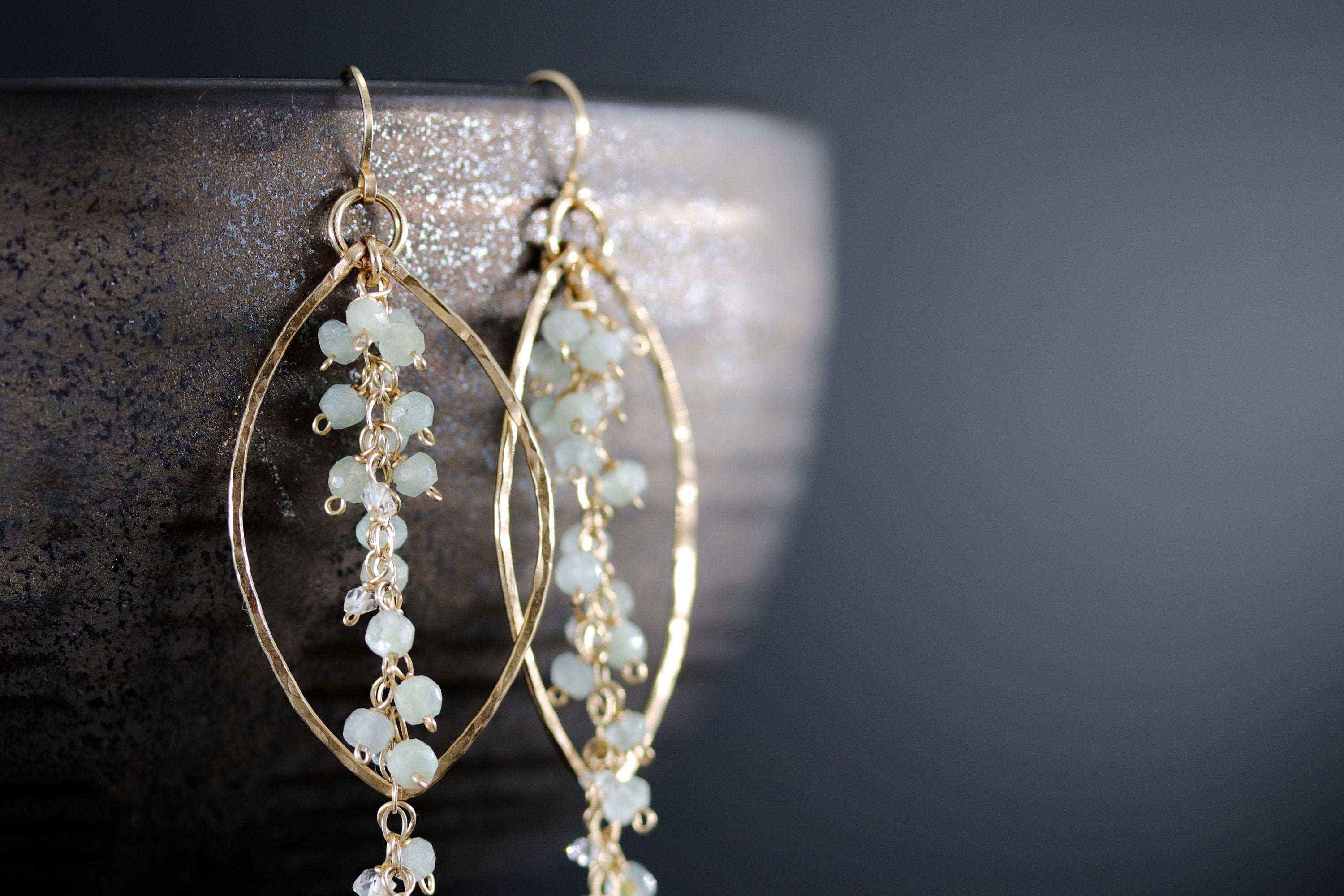 Aquamarine Fringe Chandelier Earrings, 14K Gold Filled Boho Dangle, Wedding Jewelry