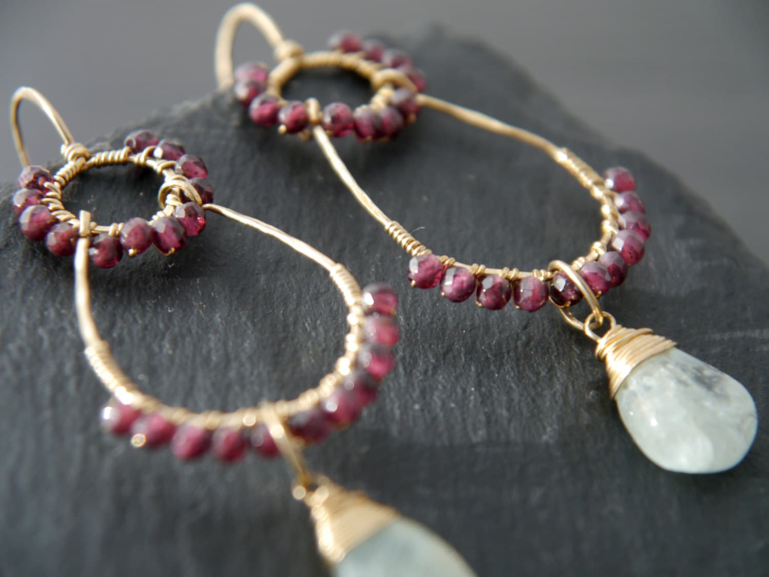 Aquamarine Garnet Chandelier Gemstone Earrings, 14K Gold Filled Botanical Design