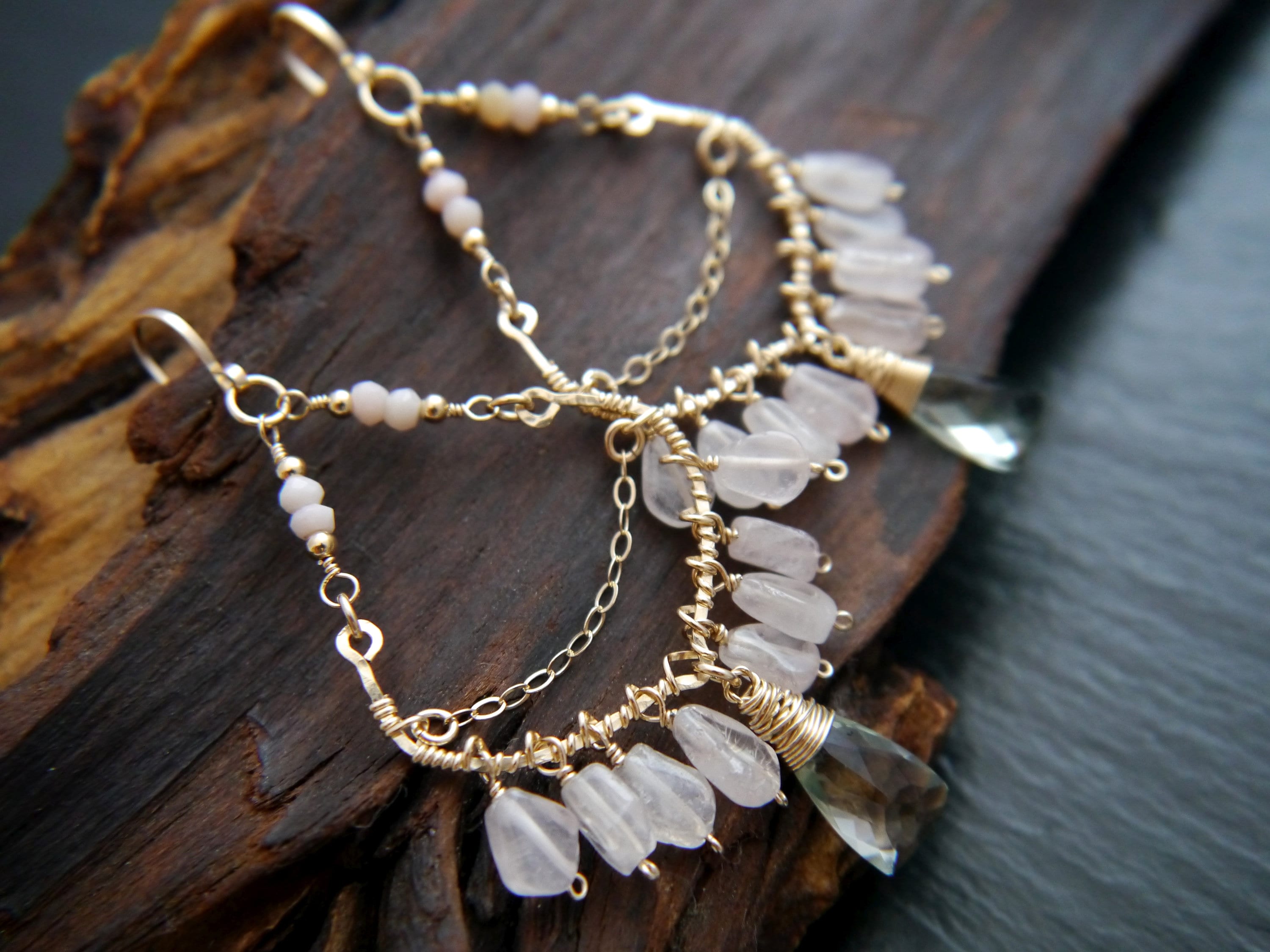 Pink Rose Quartz Bohemian Chandelier Fringe Gemstone Earrings, 14K Gold Filled Boho