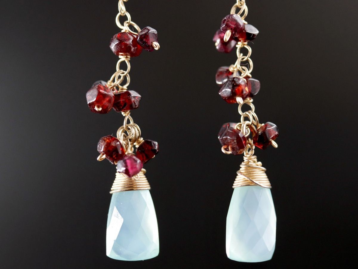 Garnet Aqua Chalcedony Briolette Dangle, Gemstone Earrings, 14K Gold Filled Boho Jewelry
