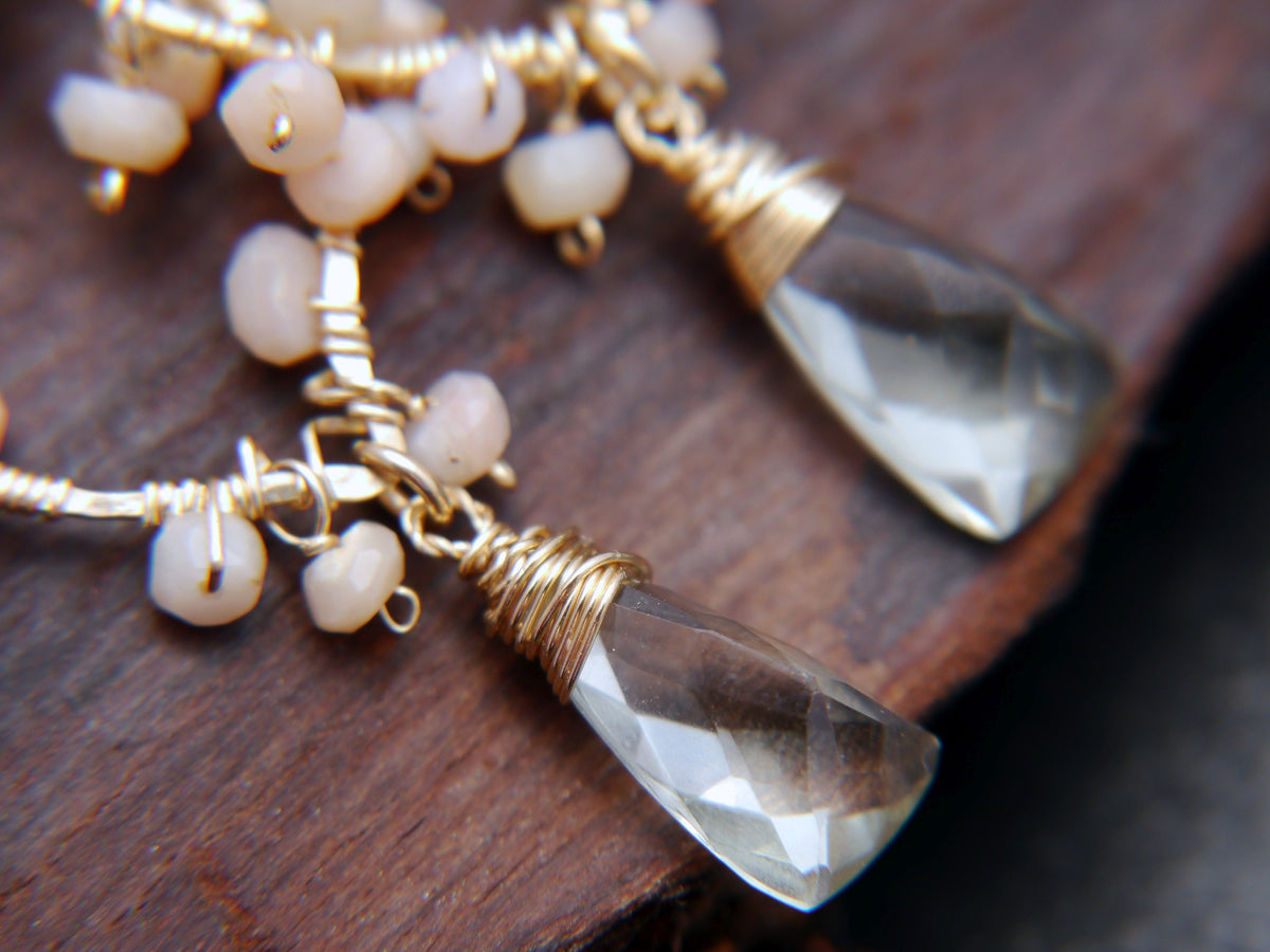 Bridal Chandelier Gold Earrings, 14K Gold Filled, Pink Opal, Aquamarine & Green Amethyst, Garden Wedding Earrings