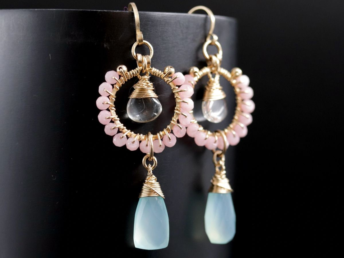 Pink Opal Chalcedony Trillion Briolette Floral Gemstone Earrings, 14K Gold Filled Bohemian Style