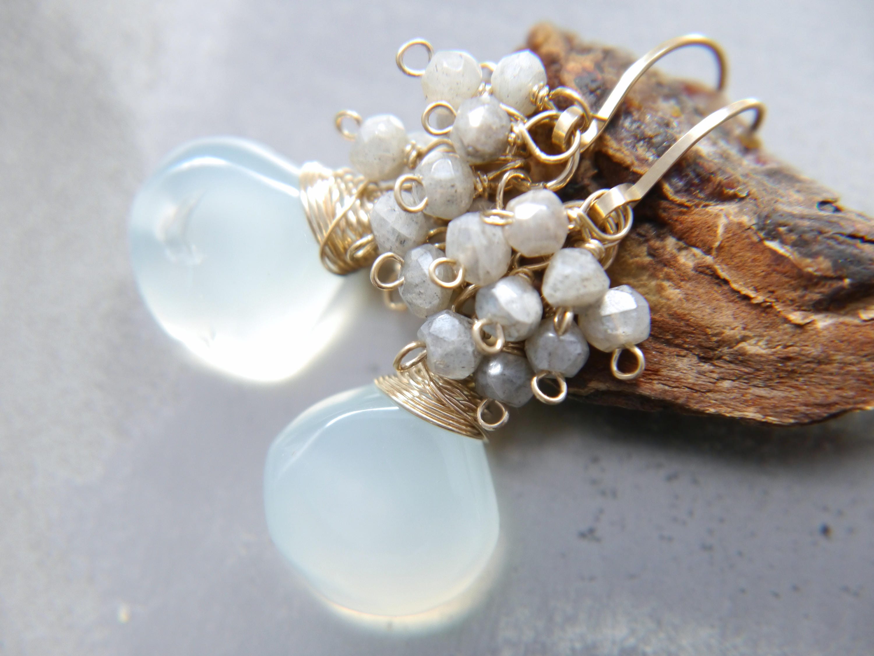 Aqua Chalcedony Briolette Labradorite Cluster Gemstone Earrings, 14K Gold Filled