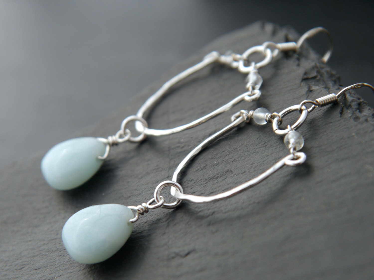 Aqua Amazonite Hoop Gemstone Earrings, Sterling Silver, Wedding