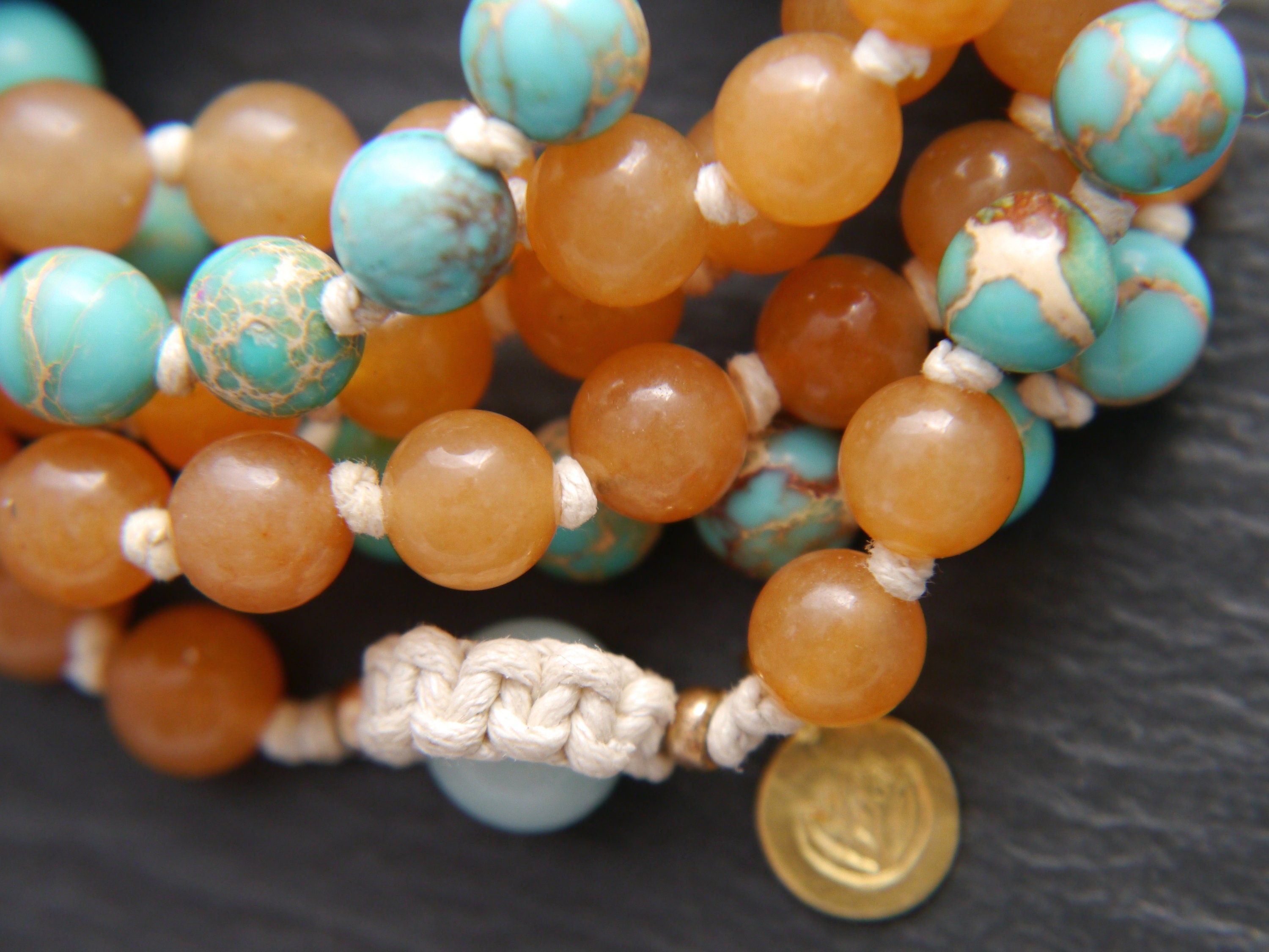 Red Aventurine Amazonite Mala Beads, 108 Gemstone Beads, Wrap, Hand Knotted