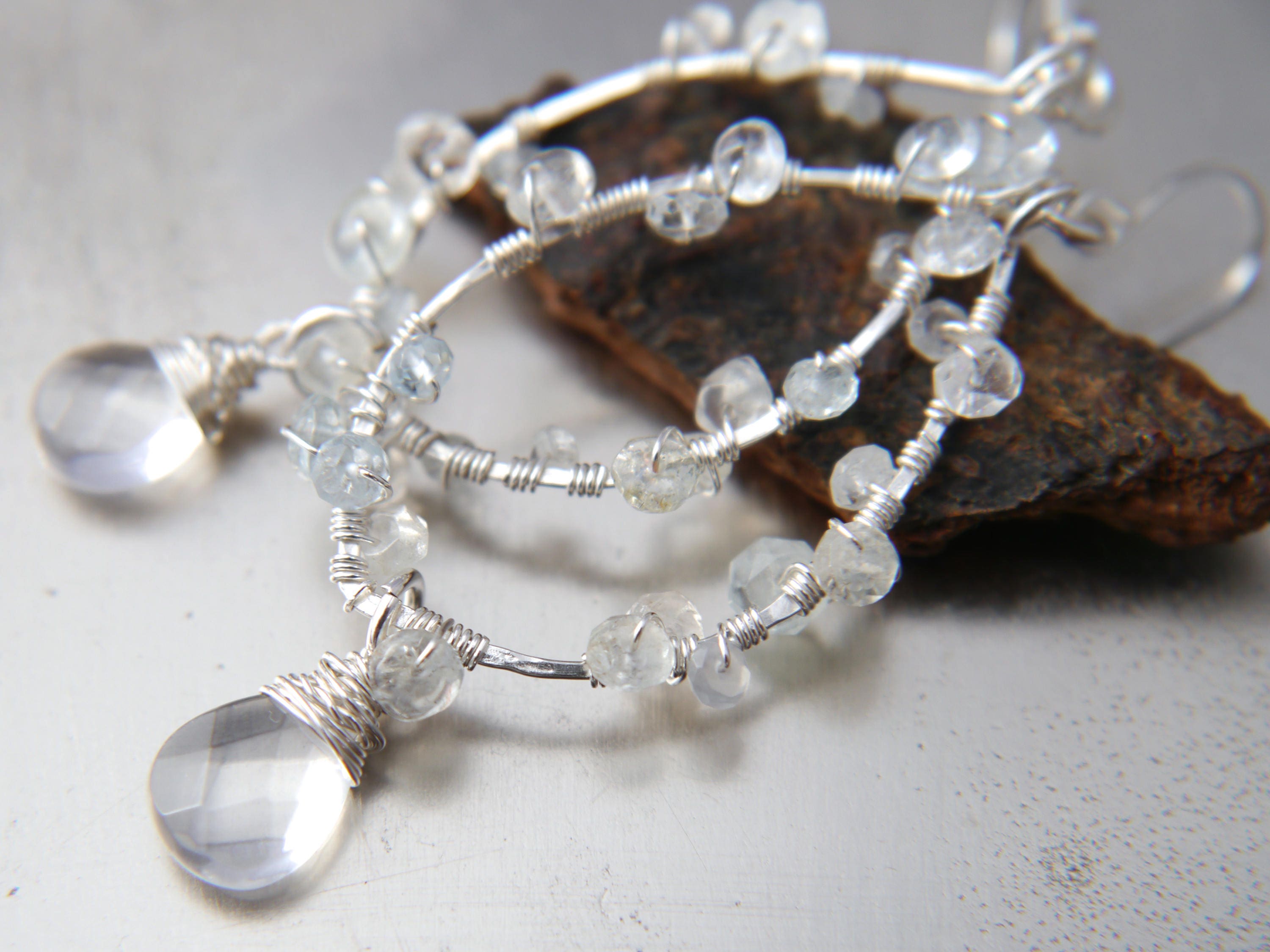Aquamarine Quartz Floral Chandelier Dangle Gemstone Earrings, Sterling Silver, Bridal
