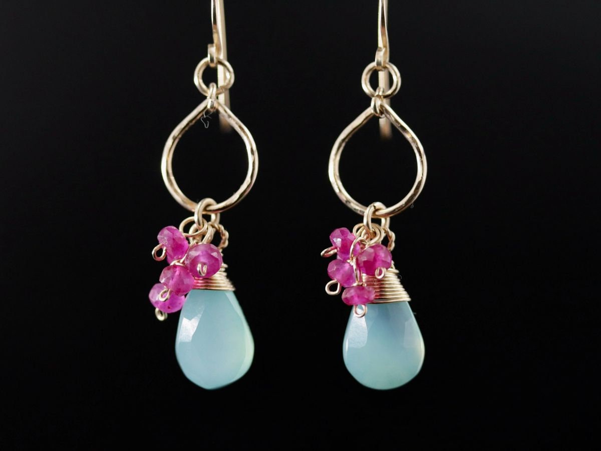 Aqua Chalcedony Ruby Floral Gemstone Earrings, 14K Gold Filled Boho Jewelry