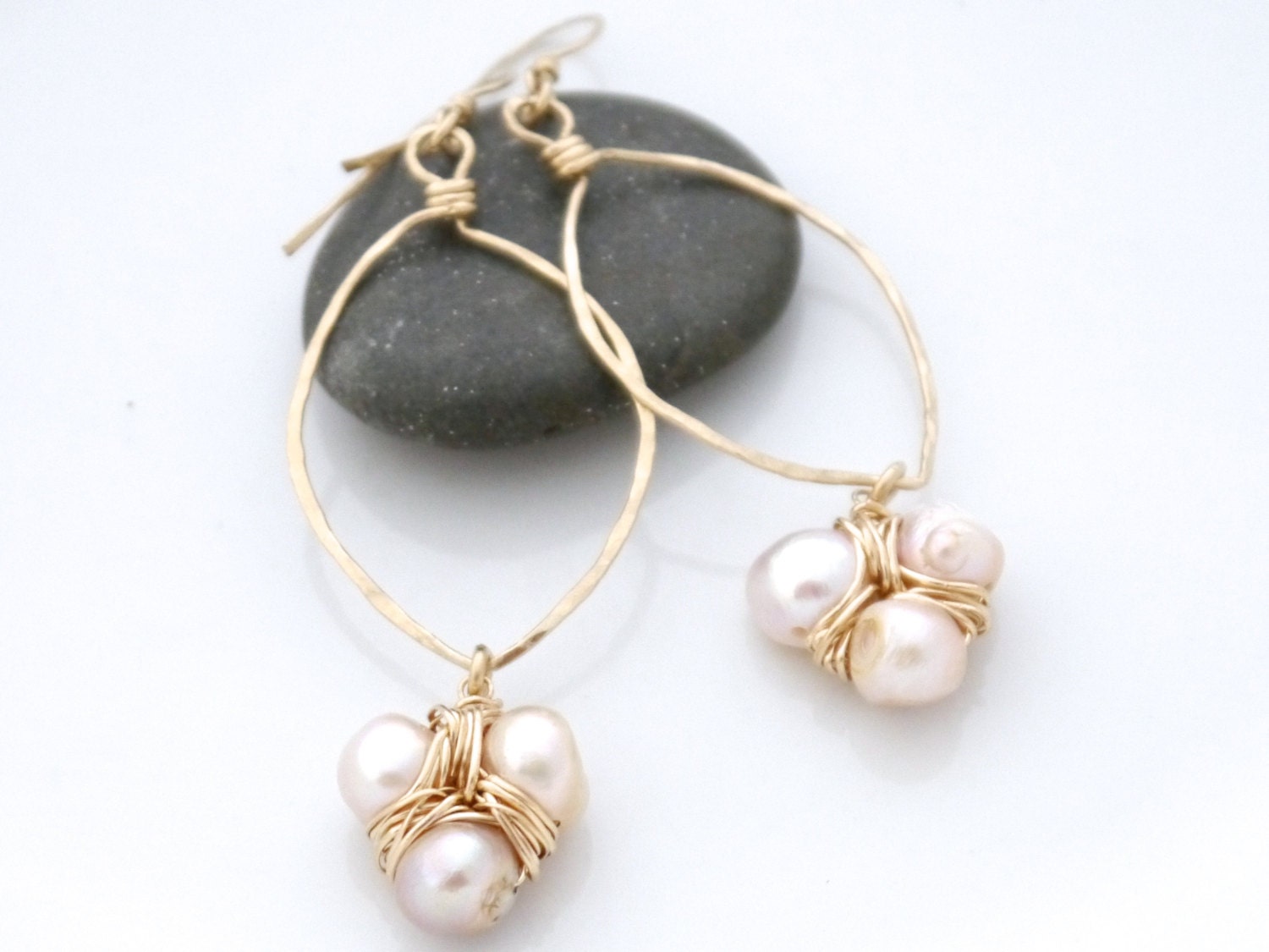 Freshwater Pearl Floral Hoop Gemstone Earrings, 14K Gold Filled Bohemian Style