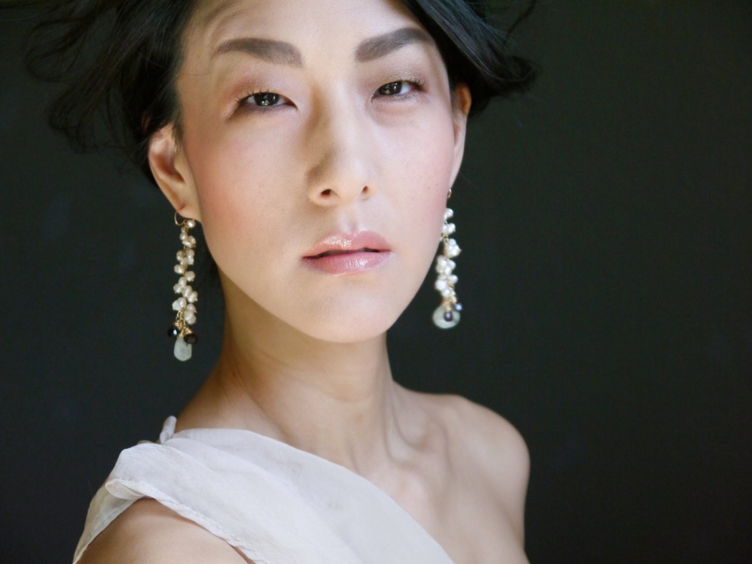 Aquamarine Garnet Pearl Cluster Long Dangle Gemstone Earrings, 14K Gold Filled Bridal