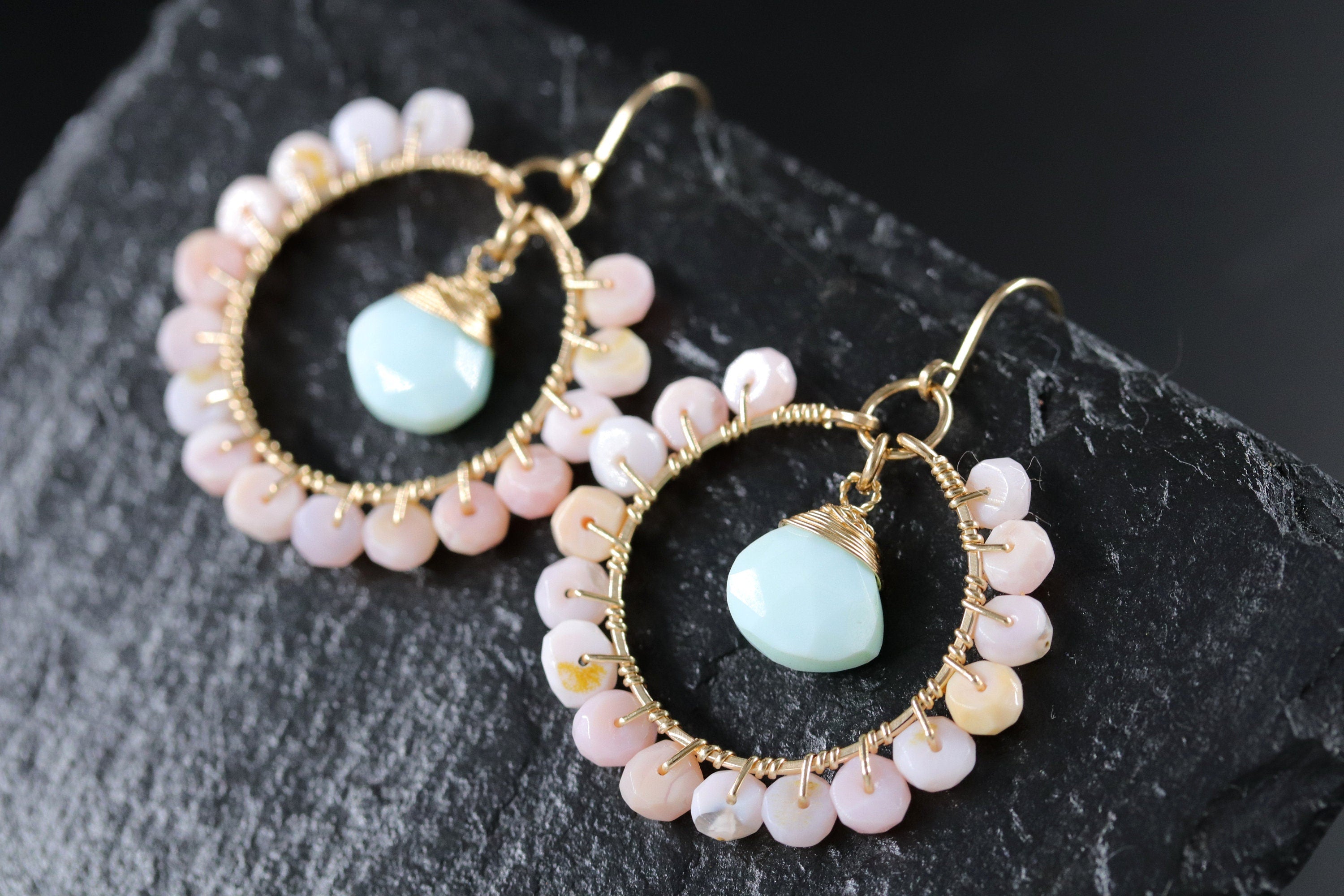 Blue Pink Opal Floral Hoop Gemstone Earrings, 14K Gold Filled Boho Chic Jewelry