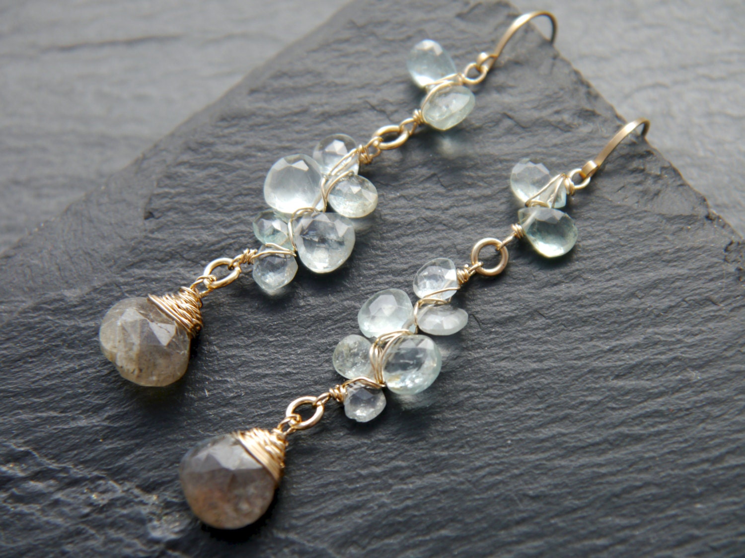 Aquamarine Labradorite Floral Long Dangle Gemstone Earrings, 14K Gold Filled Wedding