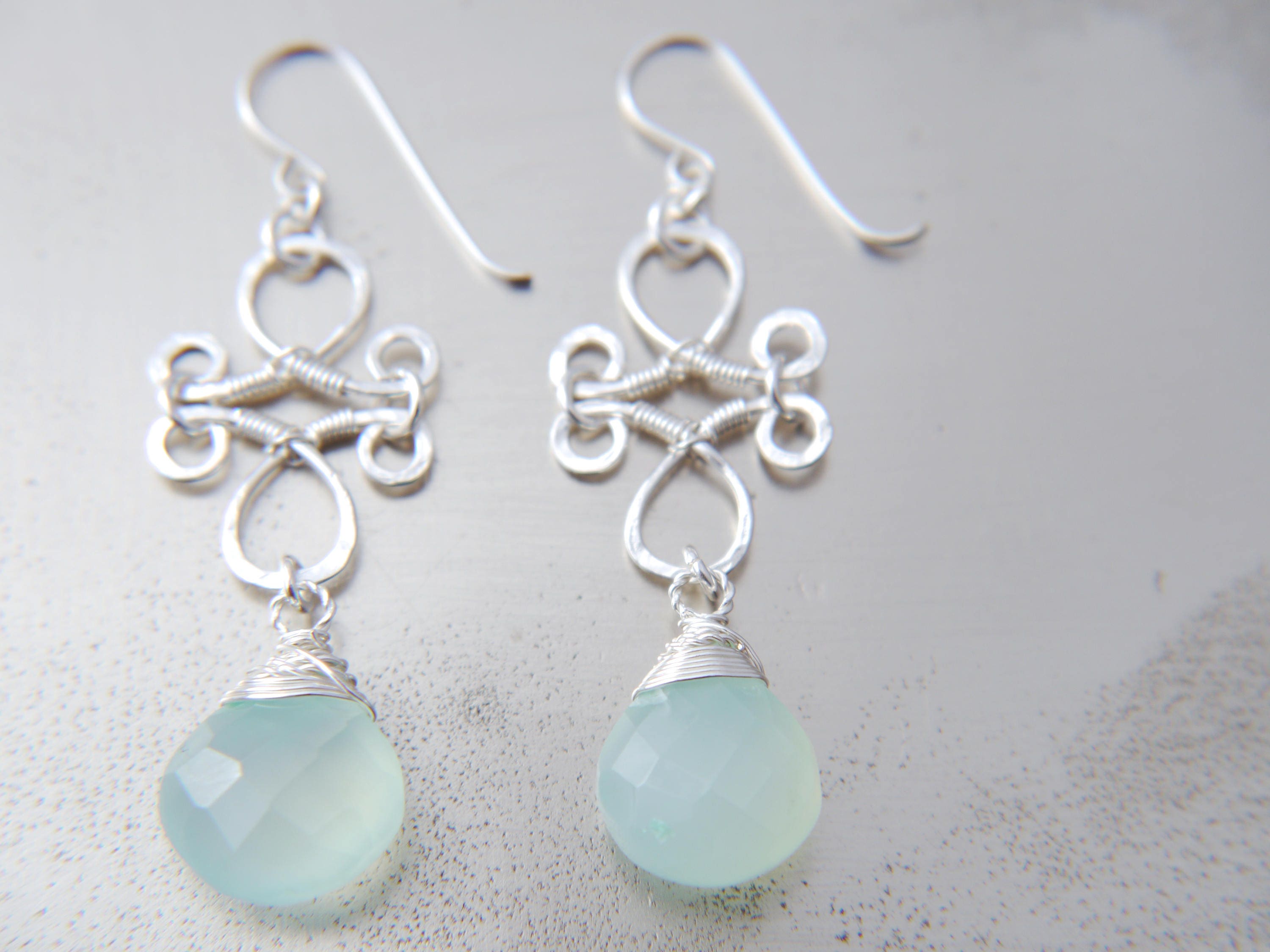 Aqua Chalcedony Heart Briolette Chandelier Gemstone Earrings, Sterling Silver