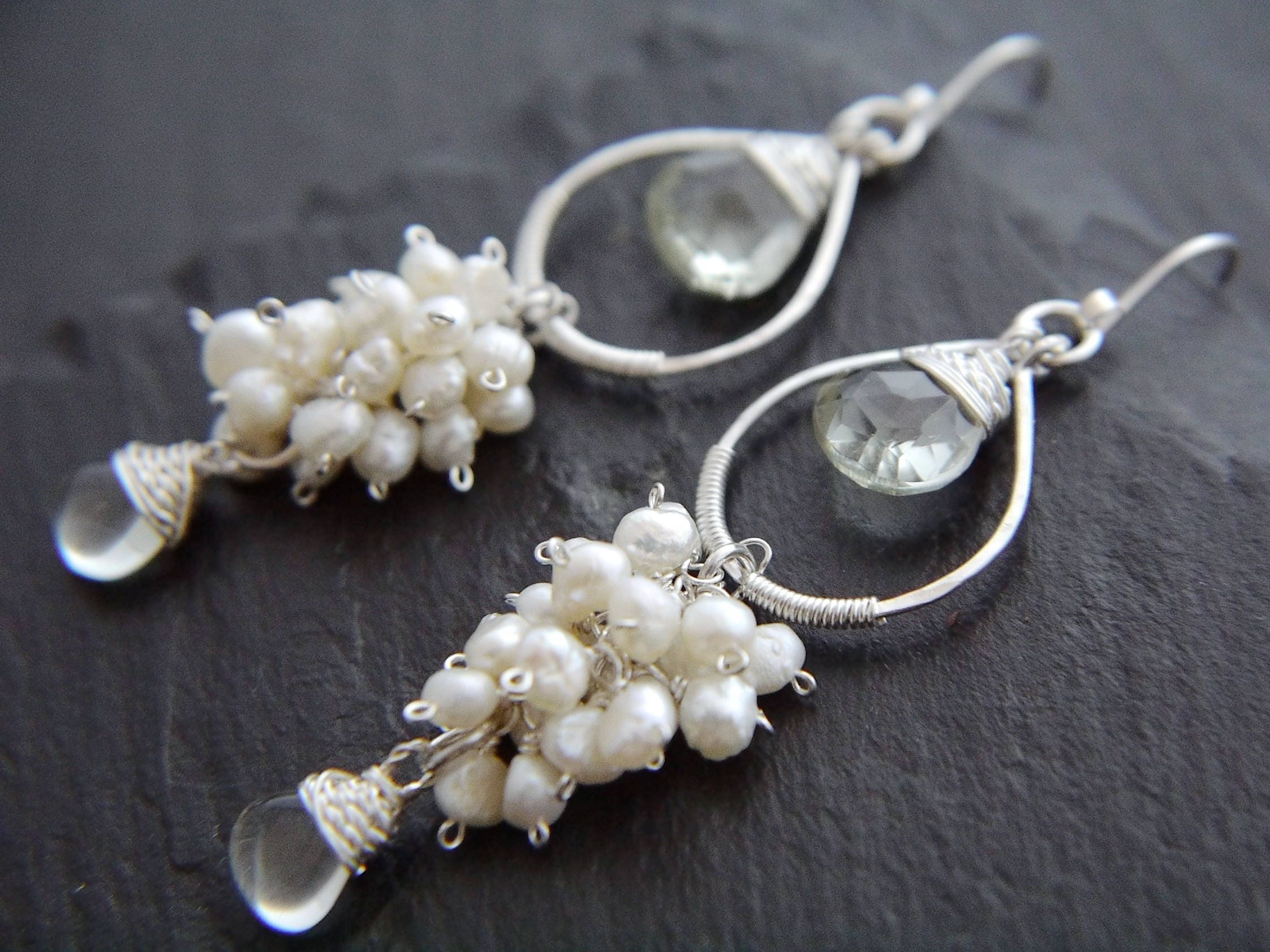 Pearl Quartz Chandelier Gemstone Earrings, Sterling Silver, Nature Inspired Wedding