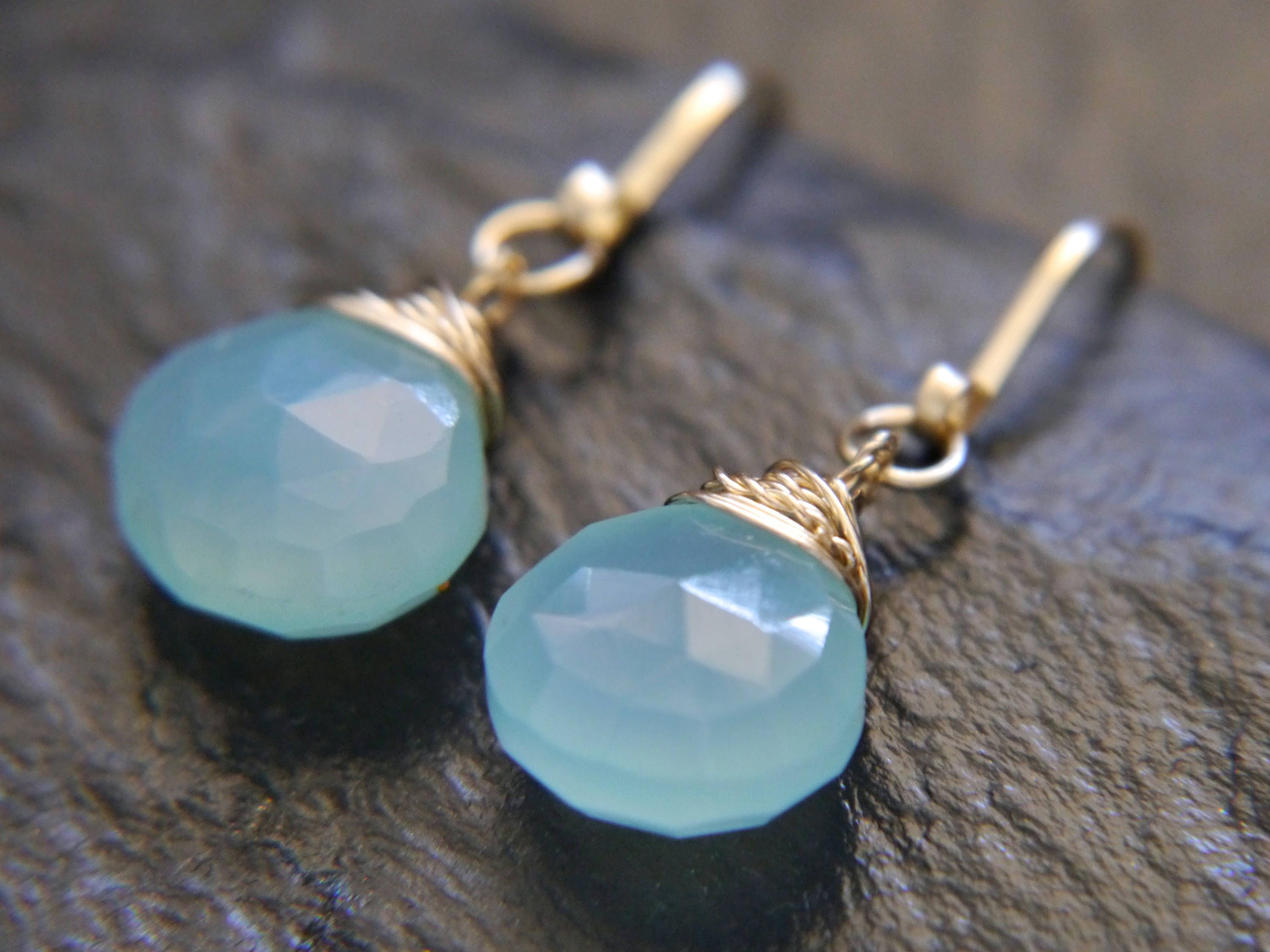 Aqua Chalcedony Heart Briolette Teardrop Gemstone Earrings, 14K Gold Filled Romantic Gift