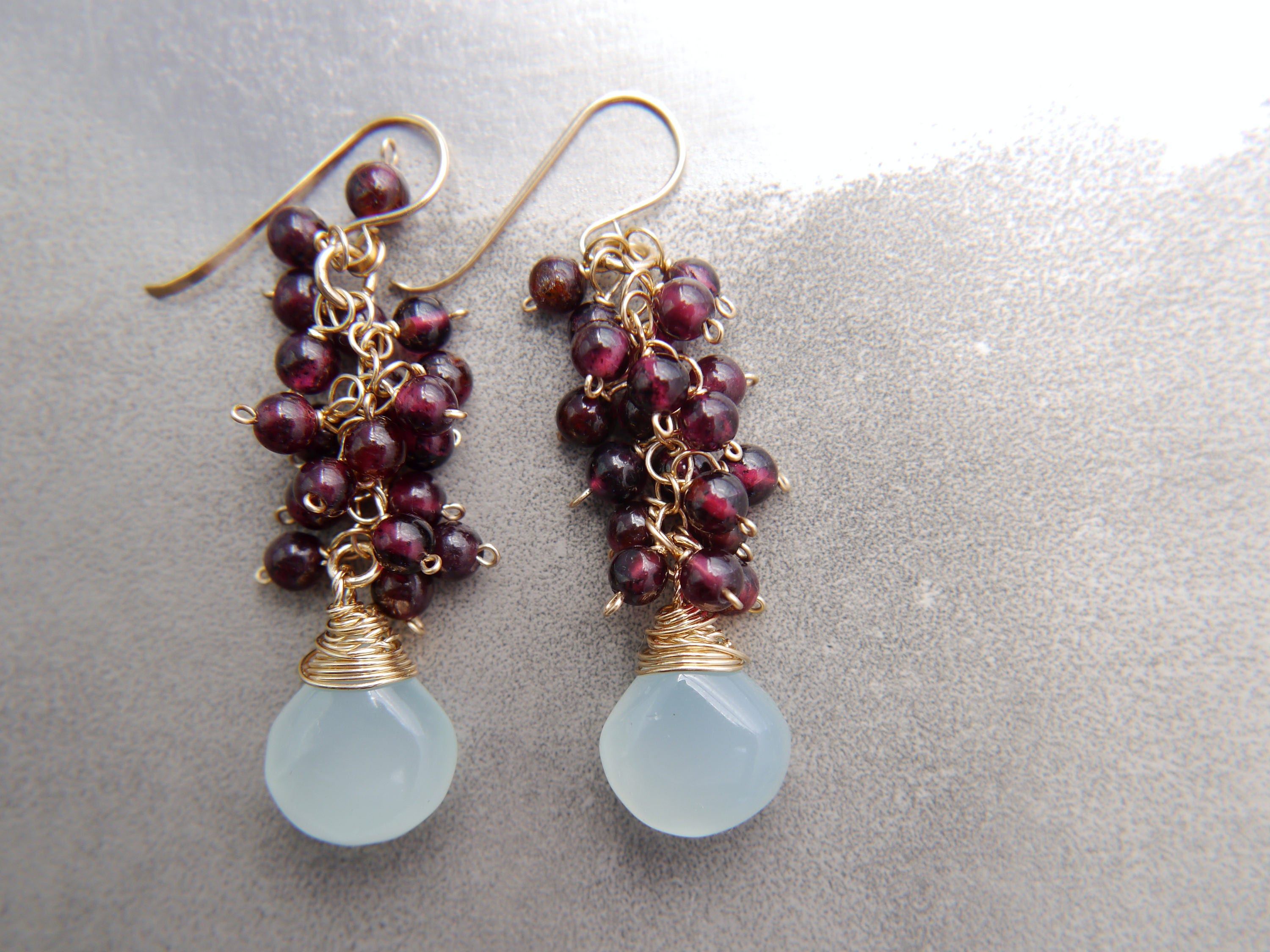Aqua Chalcedony Garnet Cluster Earrings, 14K Gold Filled Briolette Dangle, Boho Jewelry