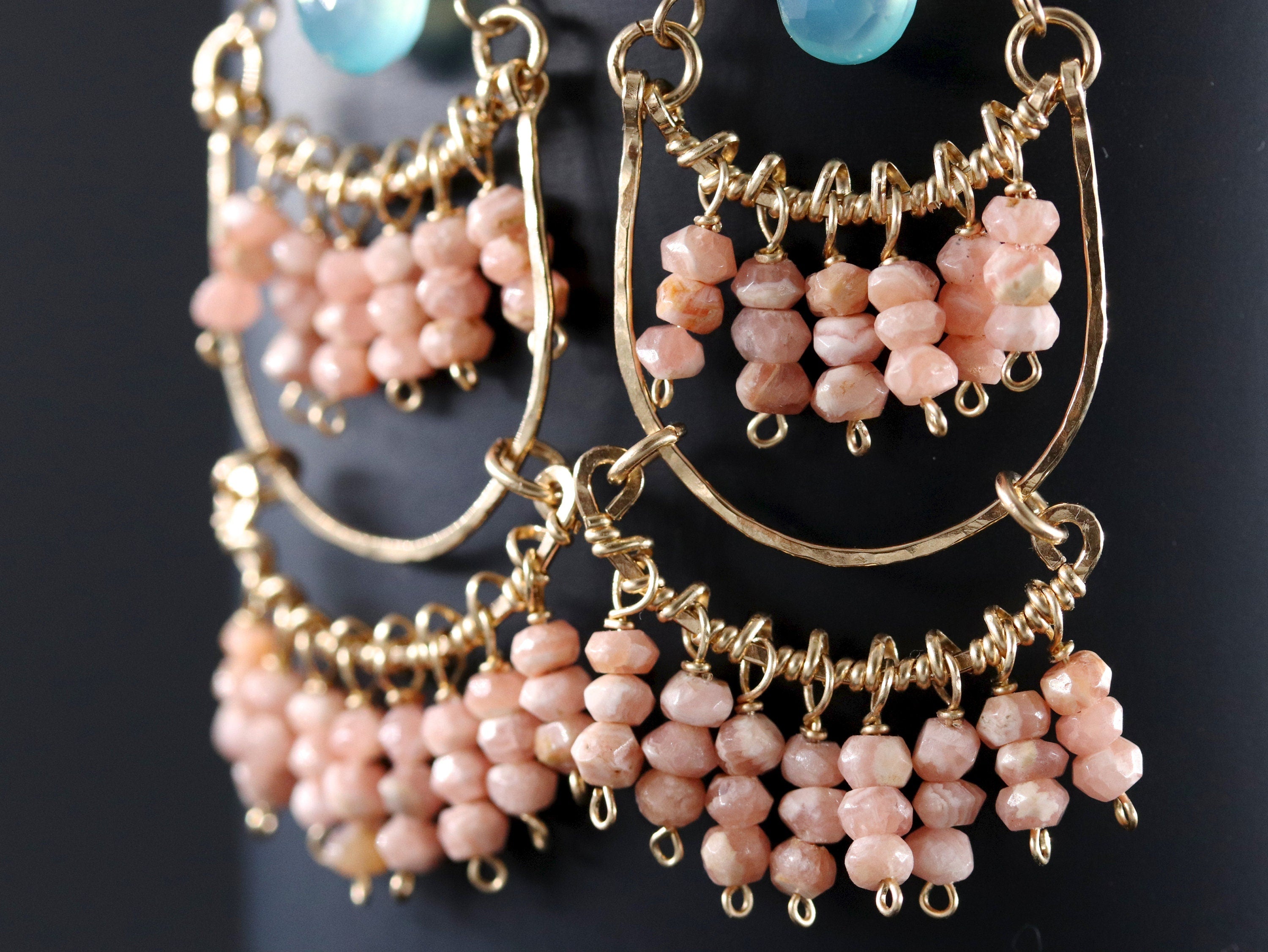Pink Rhodonite Aqua Chalcedony Fringe Chandelier Gemstone Earrings, 14K Gold Filled
