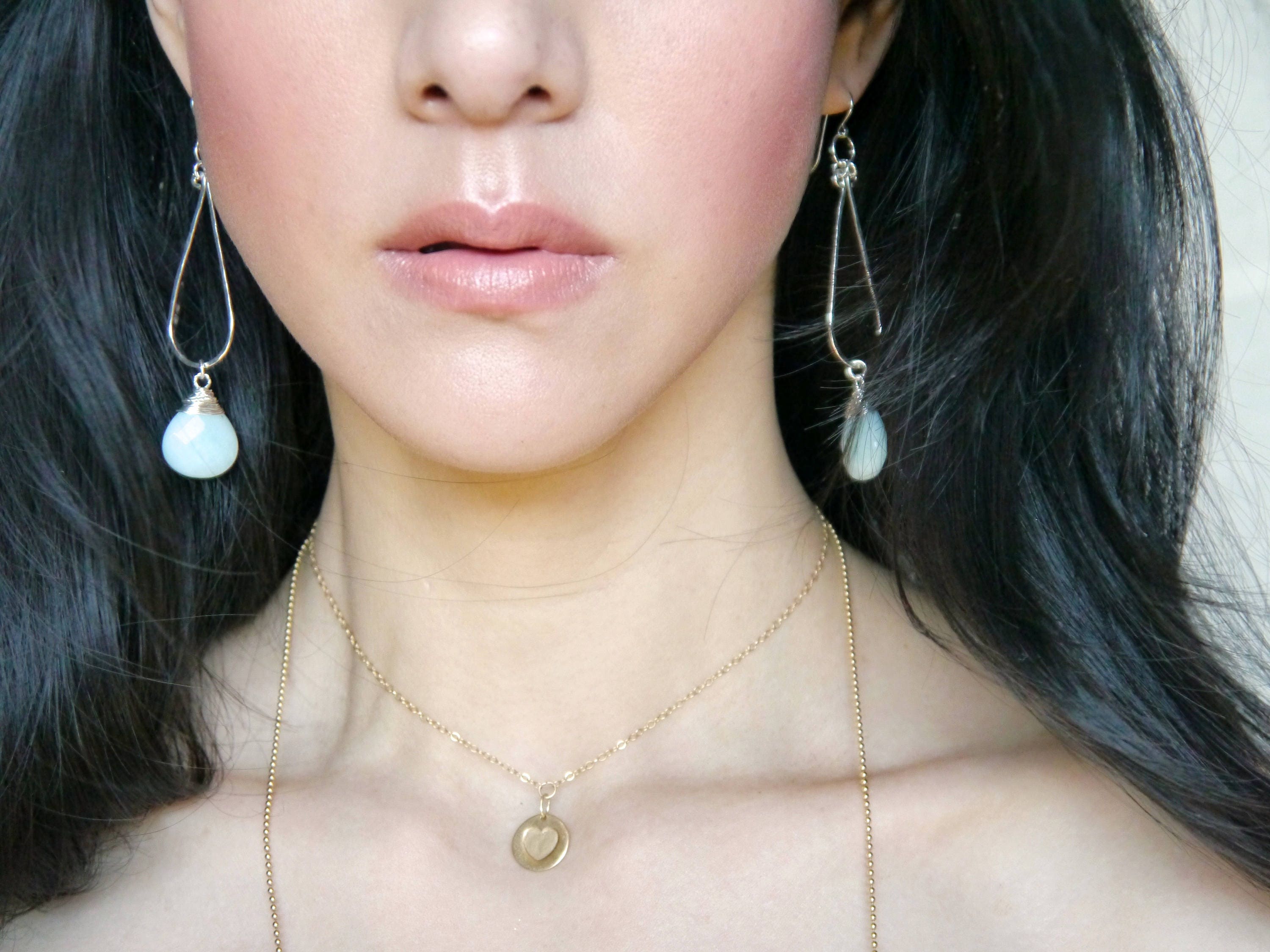 Aqua Amazonite Long Teardrop Hoop Gemstone Earrings, Sterling Silver