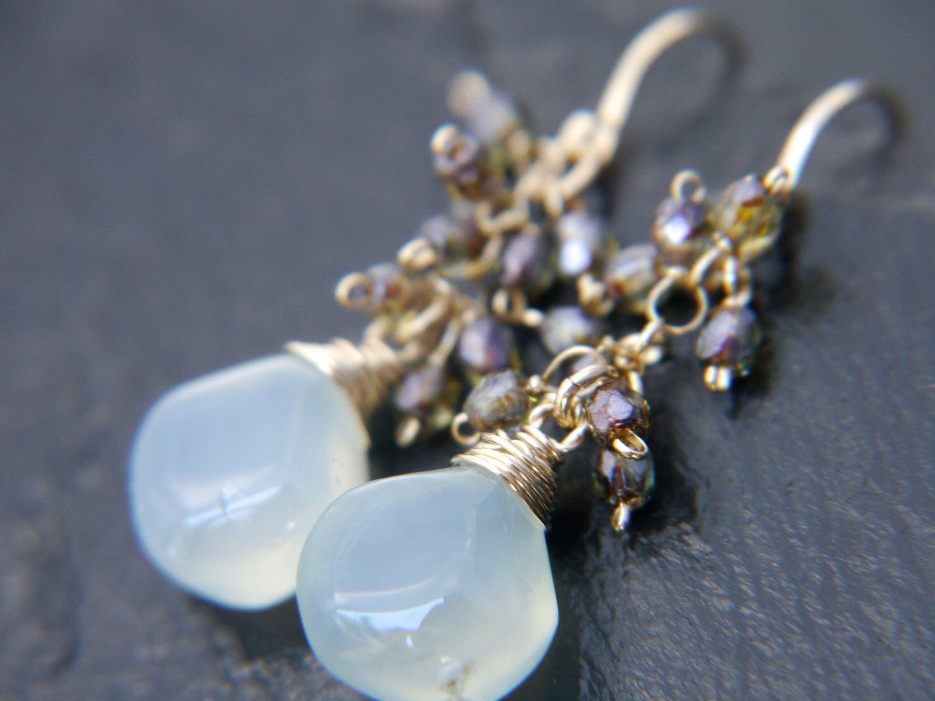 Aqua Chalcedony Cluster Teardrop Gemstone Earrings, 14K Gold Filled Classic Style