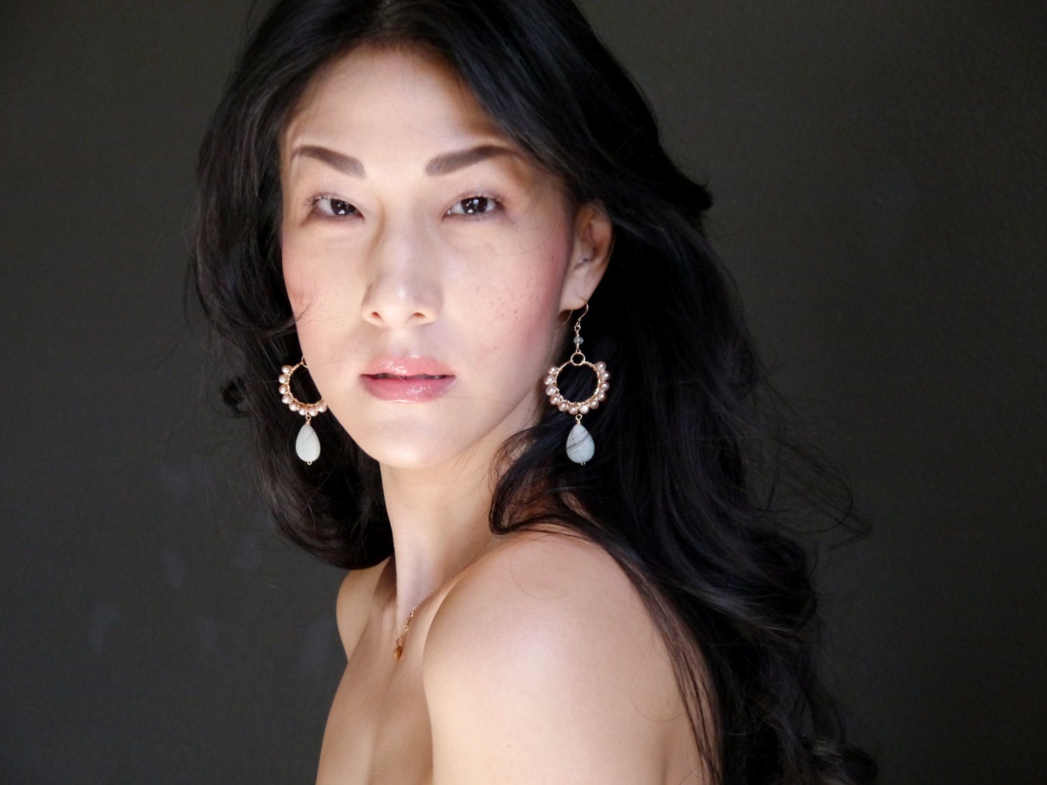 Pink Pearl Aqua Amazonite Hoop Gemstone Earrings, 14K Gold Filled Classic Wedding