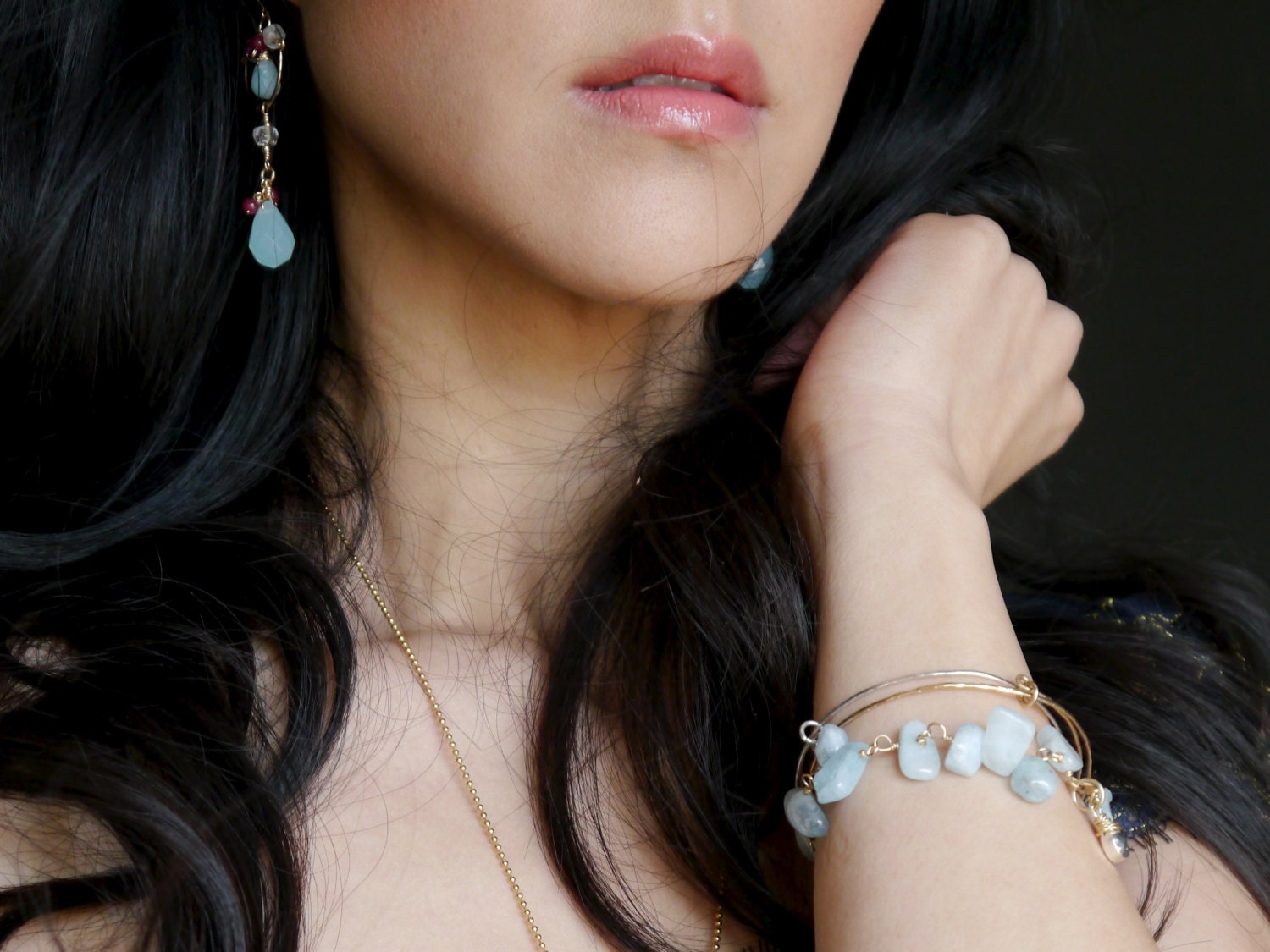 14K Gold Filled Aquamarine Gemstone Bracelet, March Birthstone, Floral Vine Statement Jewelry