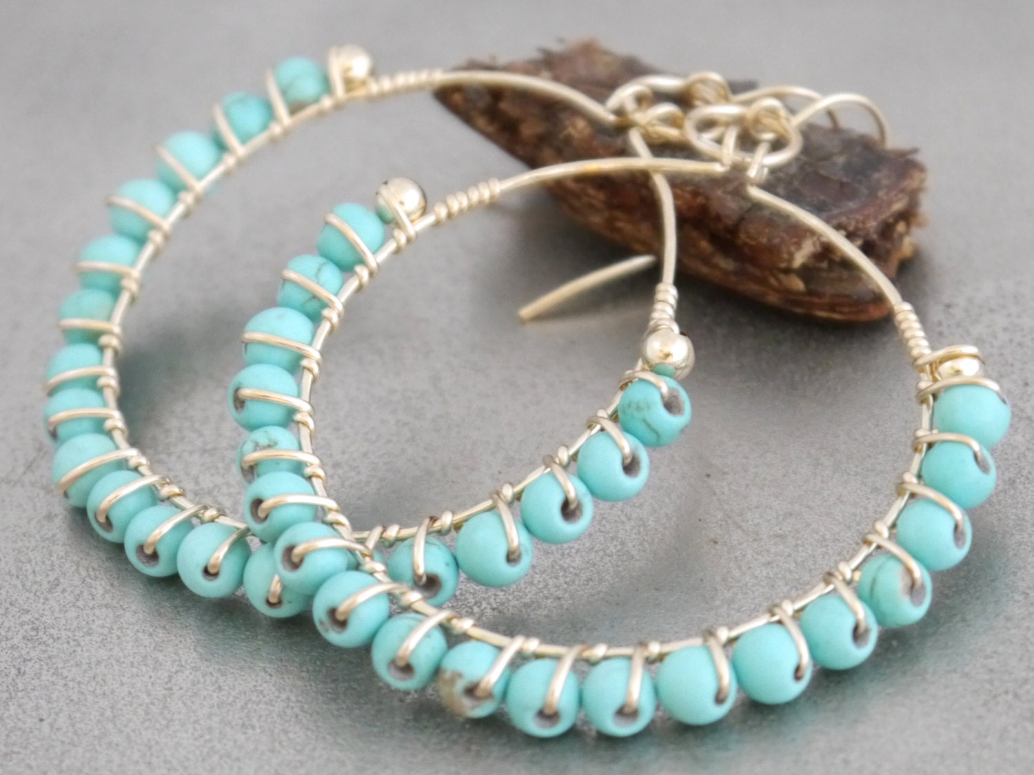Chalk Turquoise Hoop Gemstone Earrings, 14K Gold Filled Summer Style