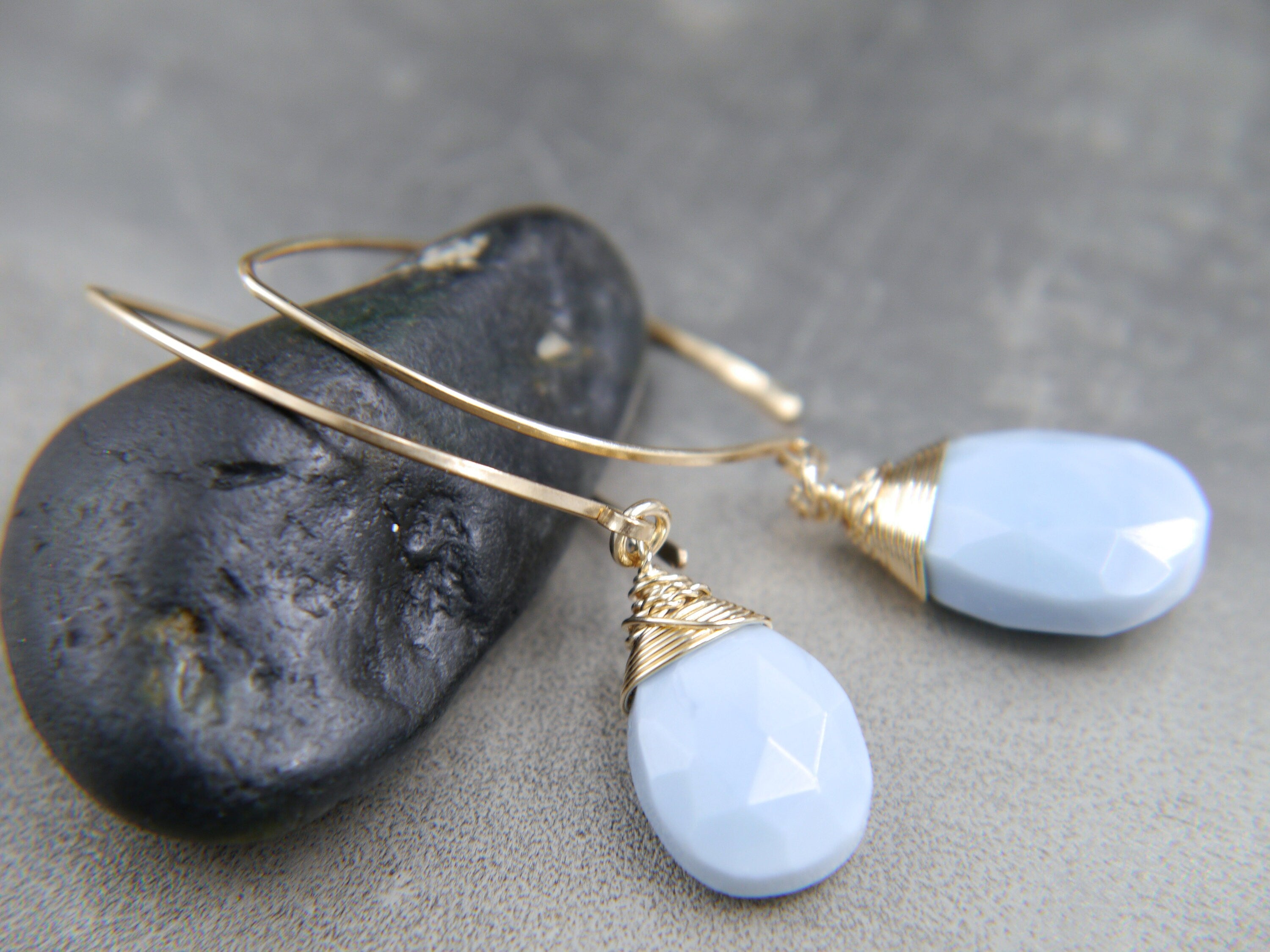 Blue Opal Teardrop Long Hoop Gemstone Earrings, 14K Gold Filled Minimalist