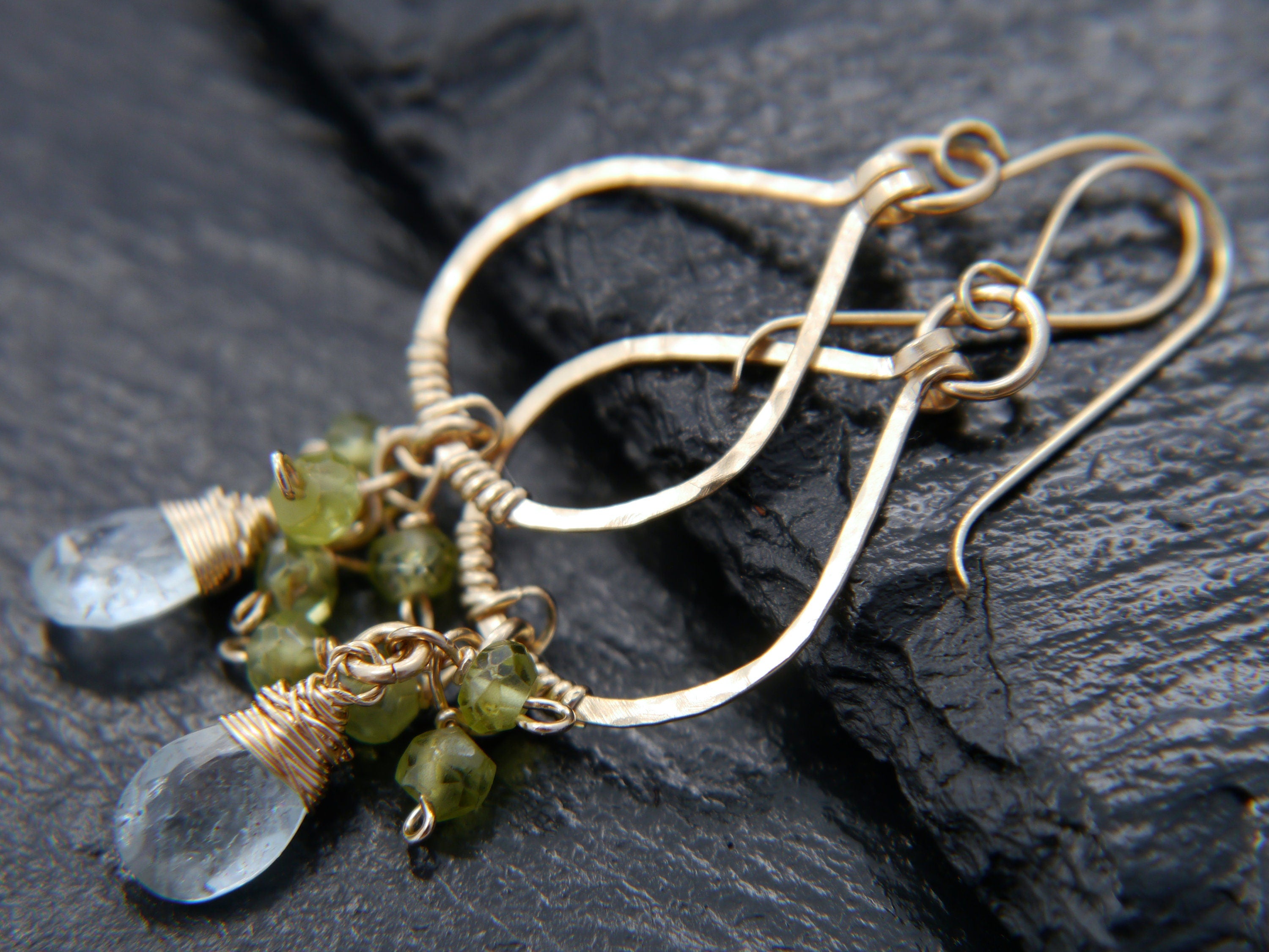 Aquamarine Peridot Chandelier Floral Gemstone Earrings, 14K Gold Filled Bohemian