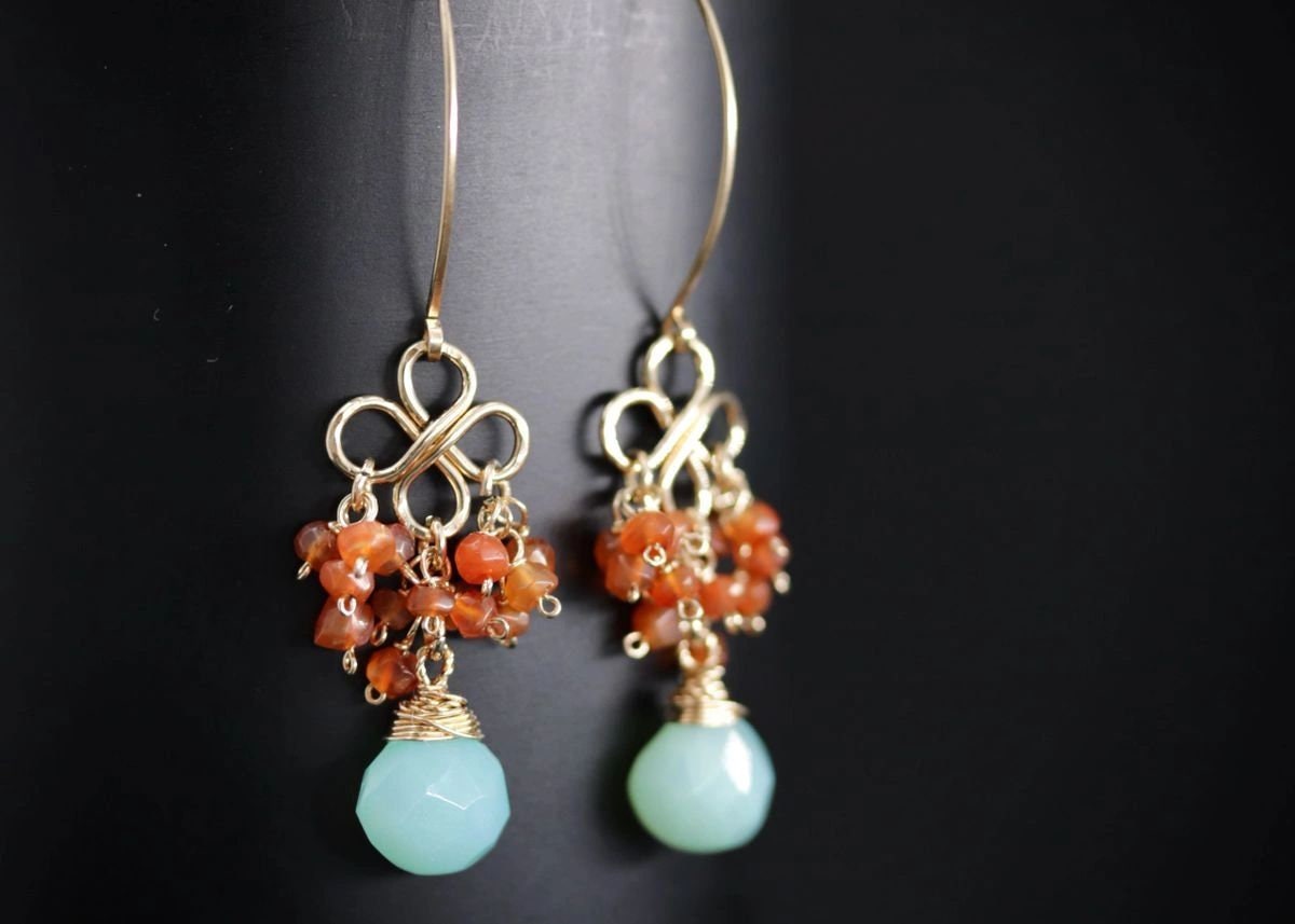 Aqua Chalcedony Carnelian Cluster Earrings, 14K Gold Filled Briolette Dangle, Artisan Jewelry