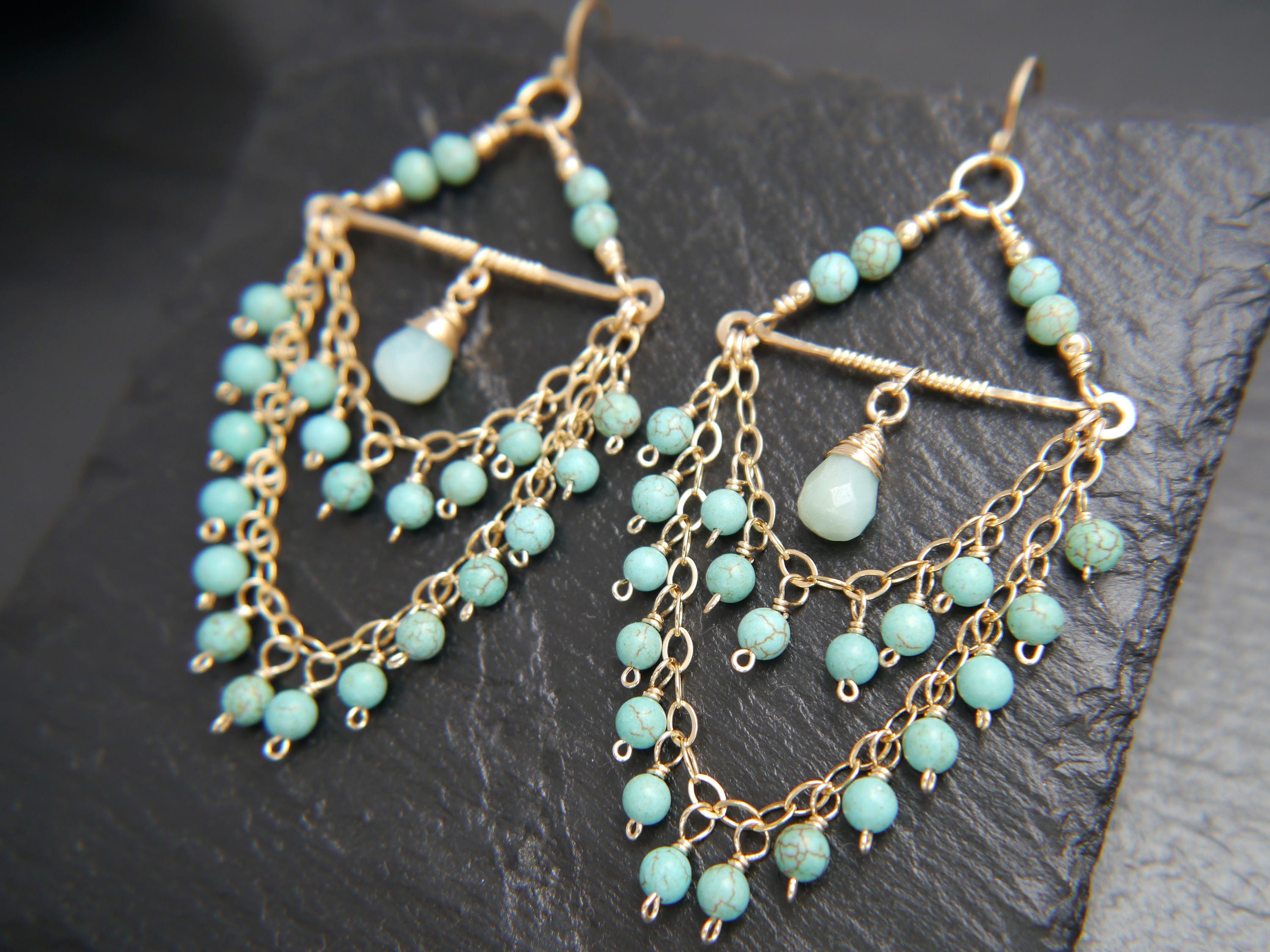 Turquoise Magnesite Chandelier Fringe Gemstone Earrings, 14K Gold Filled Coastal Wedding