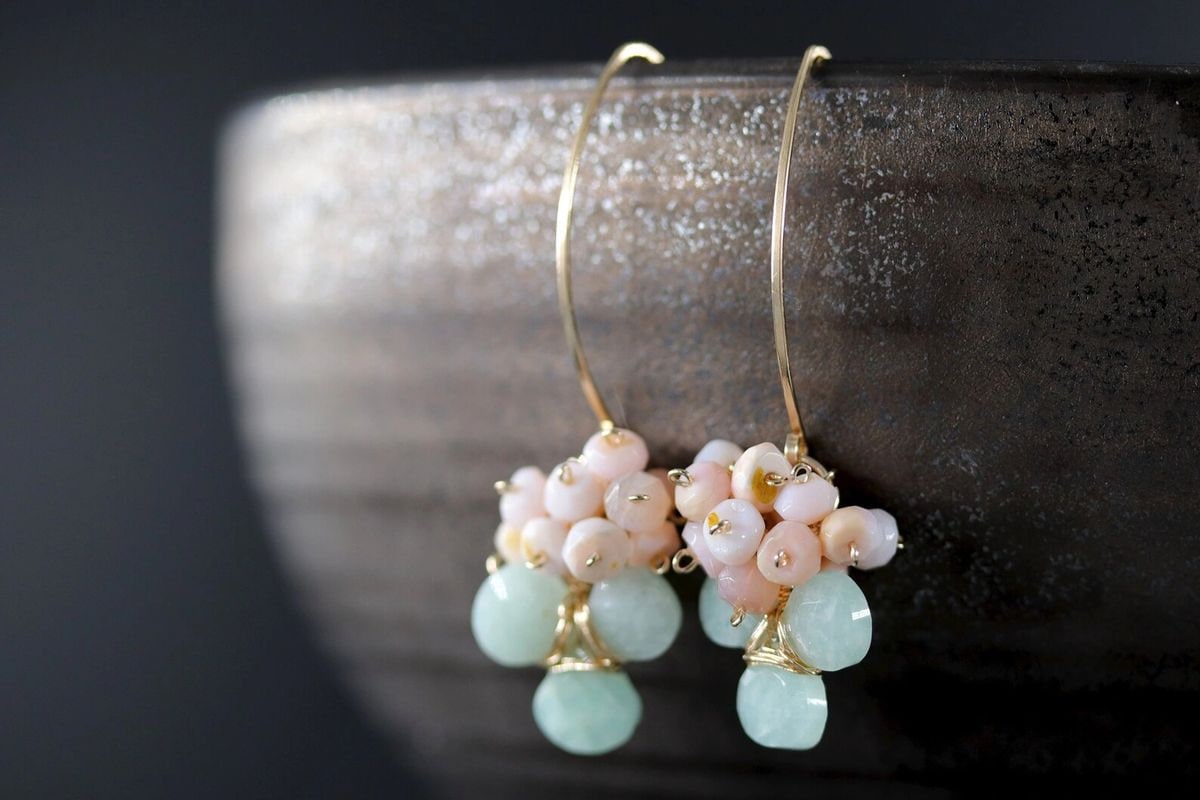 Pink Opal Amazonite Earrings, 14 Gold Filled Teardrop Bohemian Floral