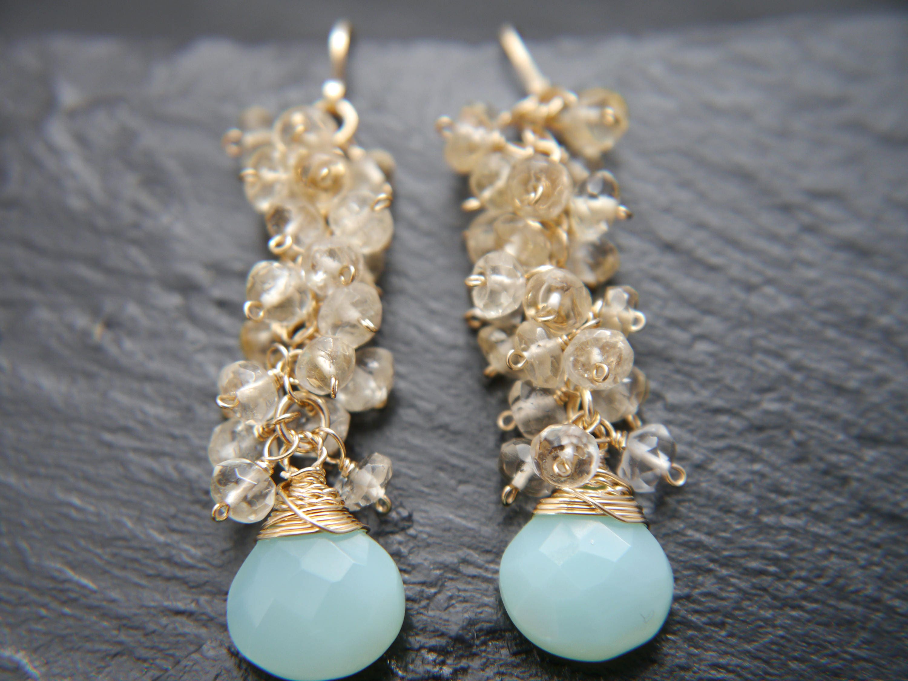 Aqua Chalcedony Citrine Cluster Vine Gemstone Earrings, 14K Gold Filled Bohemian Chic