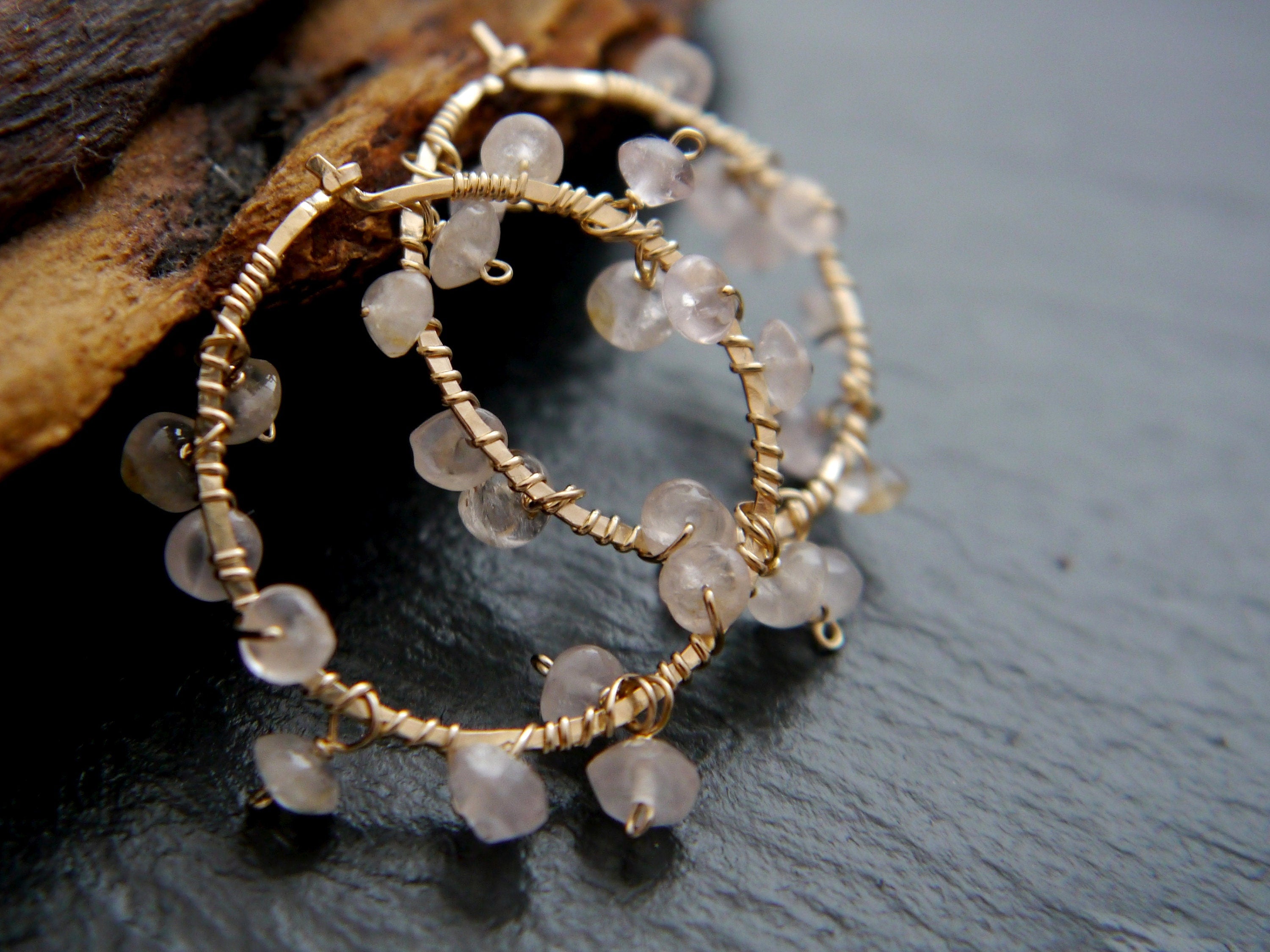 Rose Quartz Hoop Gemstone Earrings, 14K Gold Filled Boho Style Jewelry