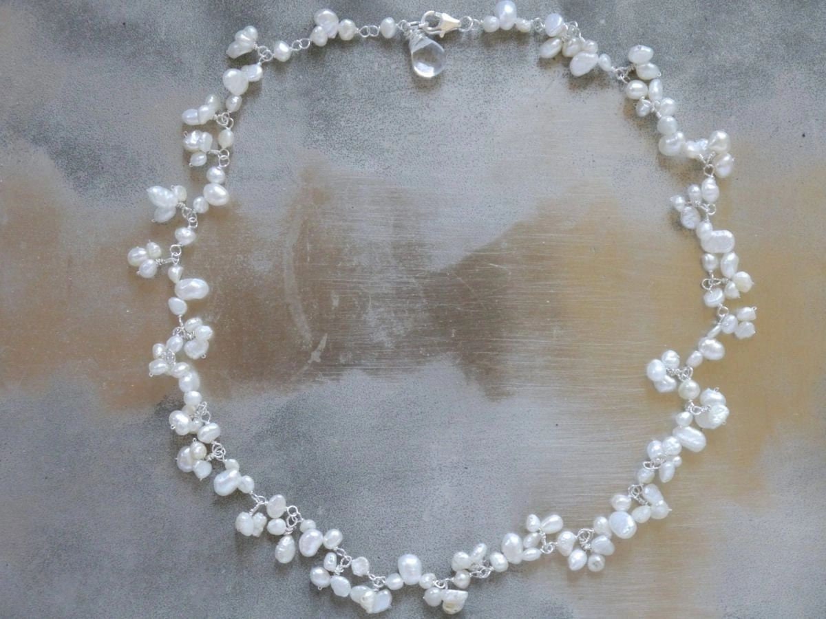 White Freshwater Pearl Flower Necklace, Sterling Silver, Floral Bride Organic Wedding