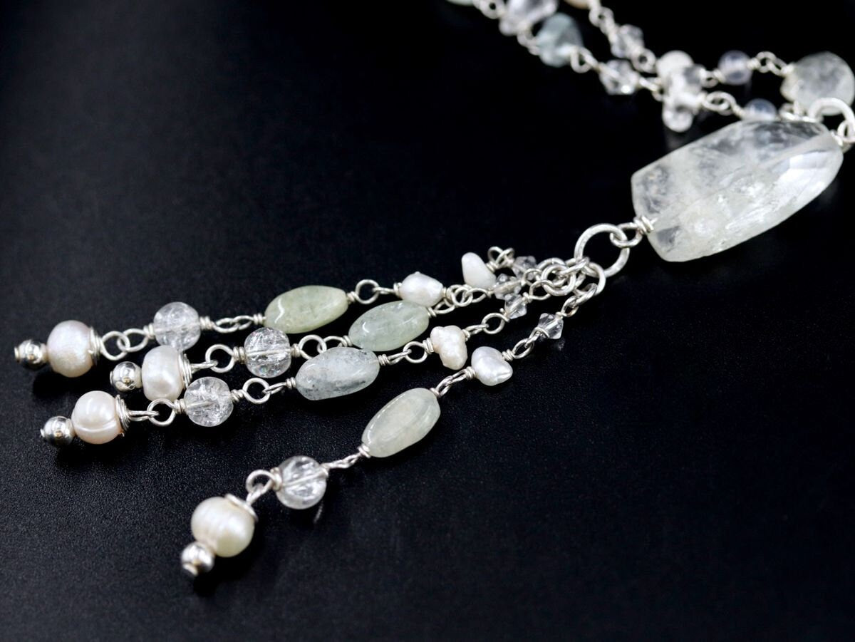 Aquamarine Pearl Rosary Chain Lariat Y Gemstone Necklace, Sterling Silver, Bohemian