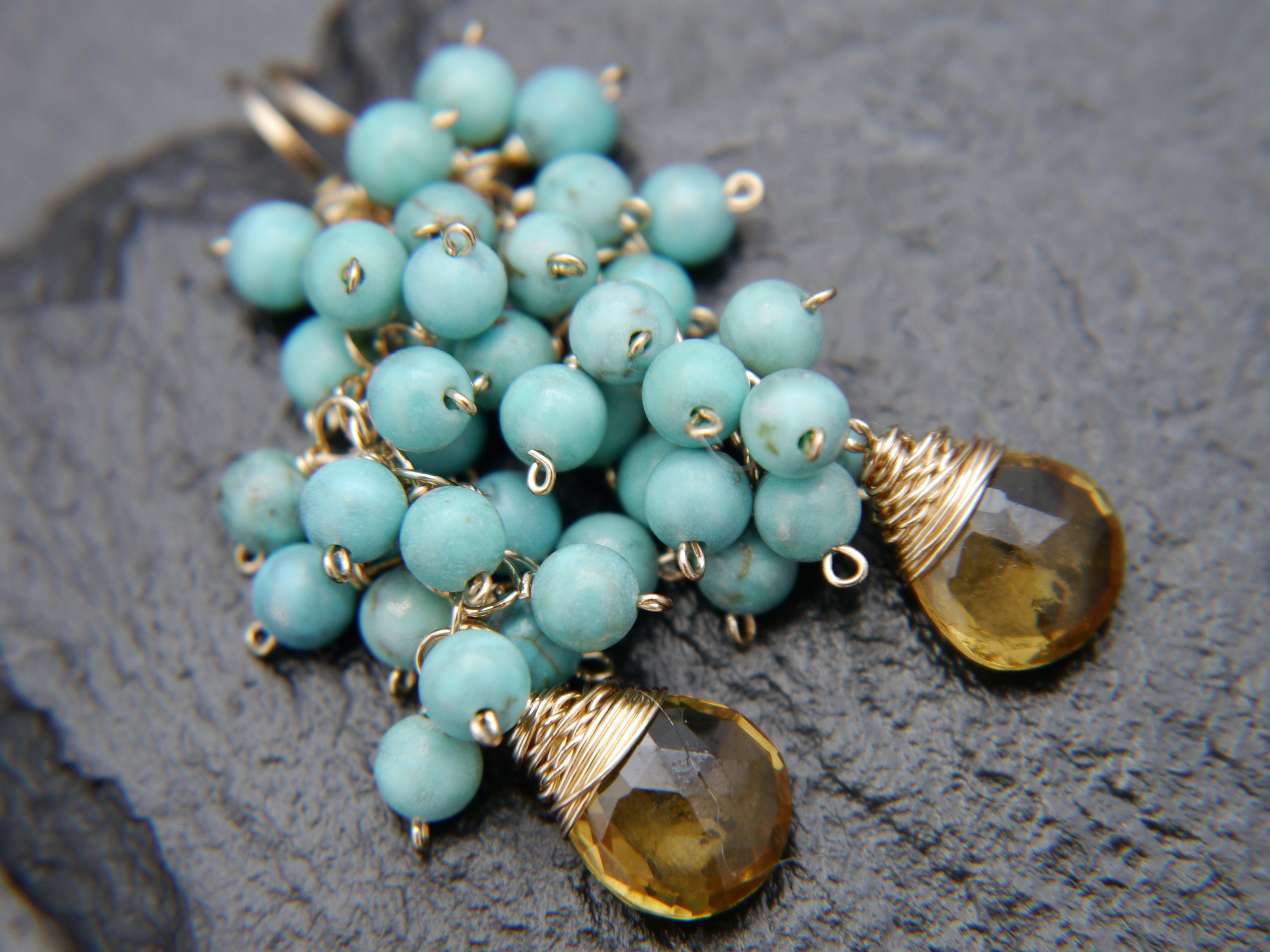 Beer Quartz Turquoise Magnesite Cluster, Gemstone Earrings, 14K Gold Filled Bohemian Jewelry