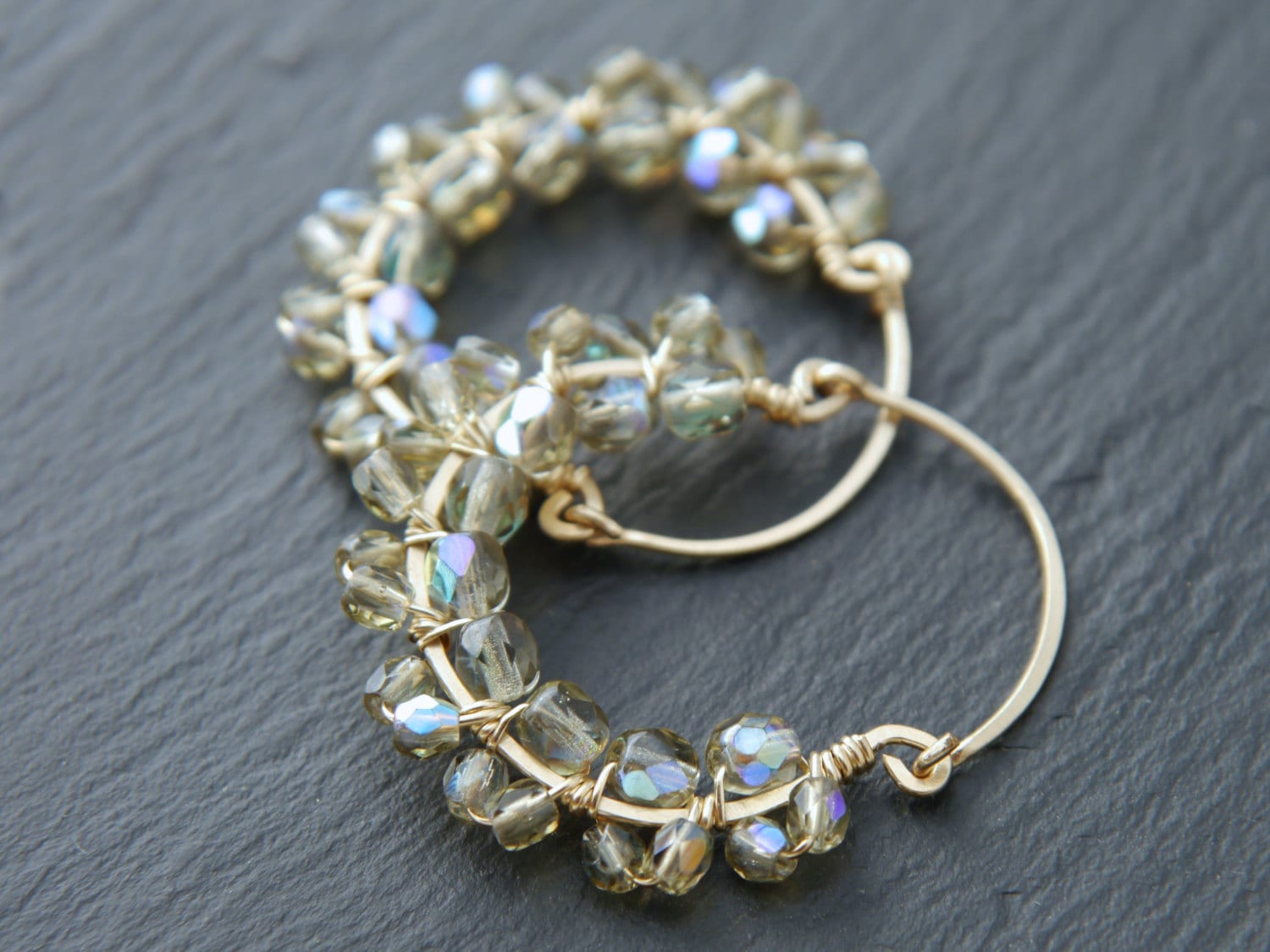 Gray Czech Glass Woven Lace Hoop Gemstone Earrings, 14K Gold Filled Classic Style