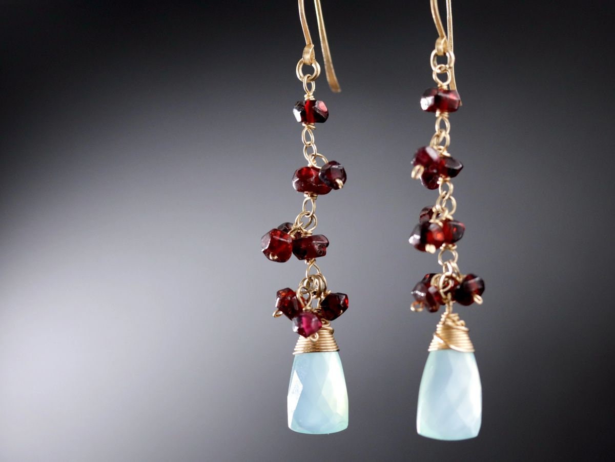 Garnet Aqua Chalcedony Briolette Dangle, Gemstone Earrings, 14K Gold Filled Boho Jewelry