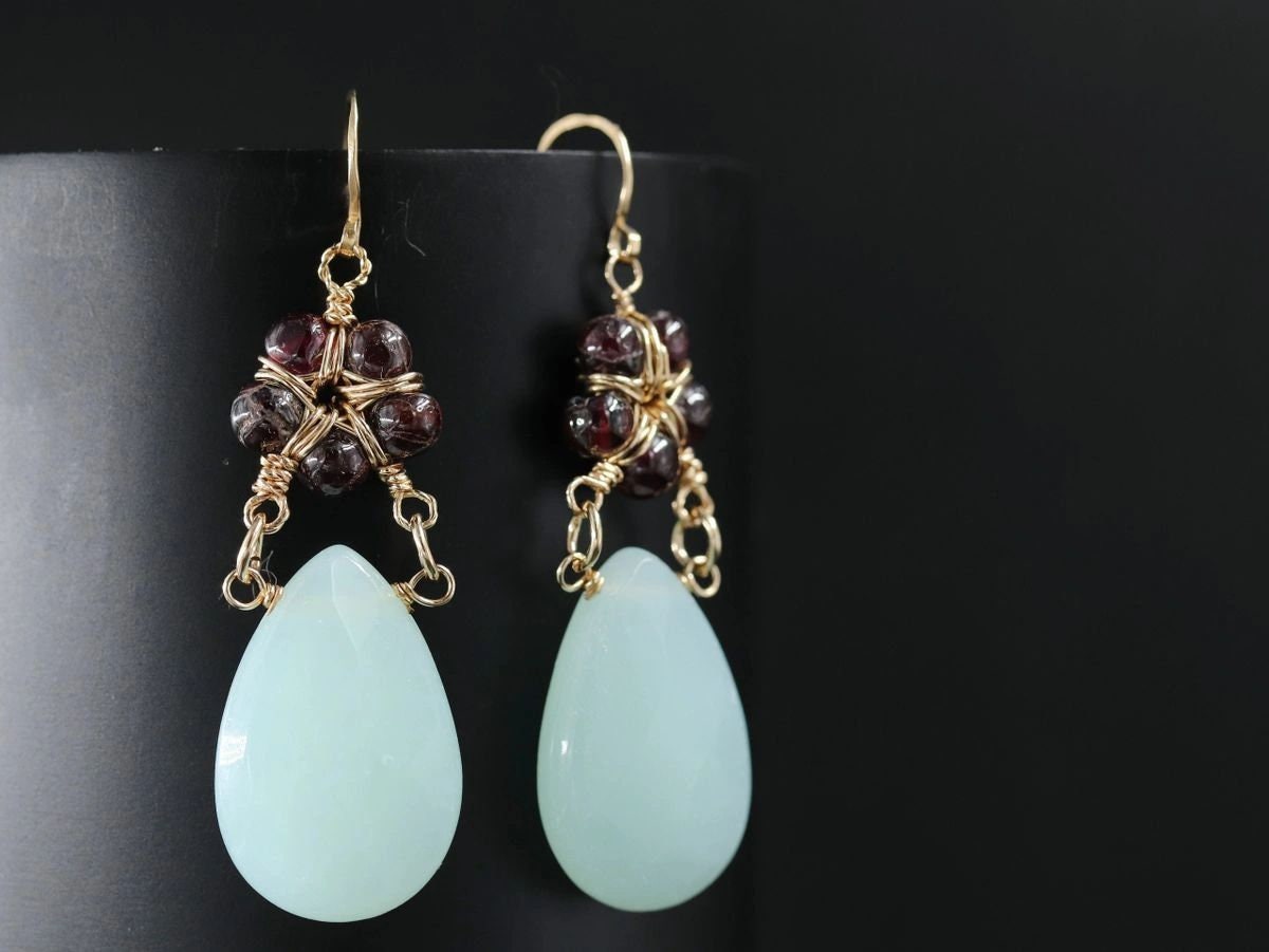 Garnet Chalcedony Heart Flower Gemstone Earrings, 14K Gold Filled Artisan Heirloom