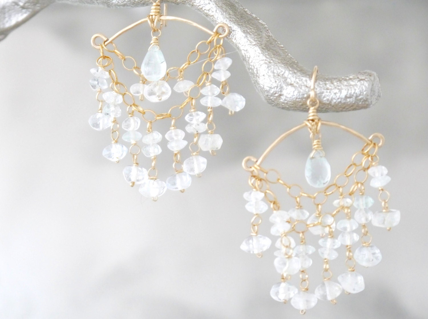 Aquamarine Tiered Fringe Chandelier Gemstone Earrings, 14K Gold Filled March Birthstone
