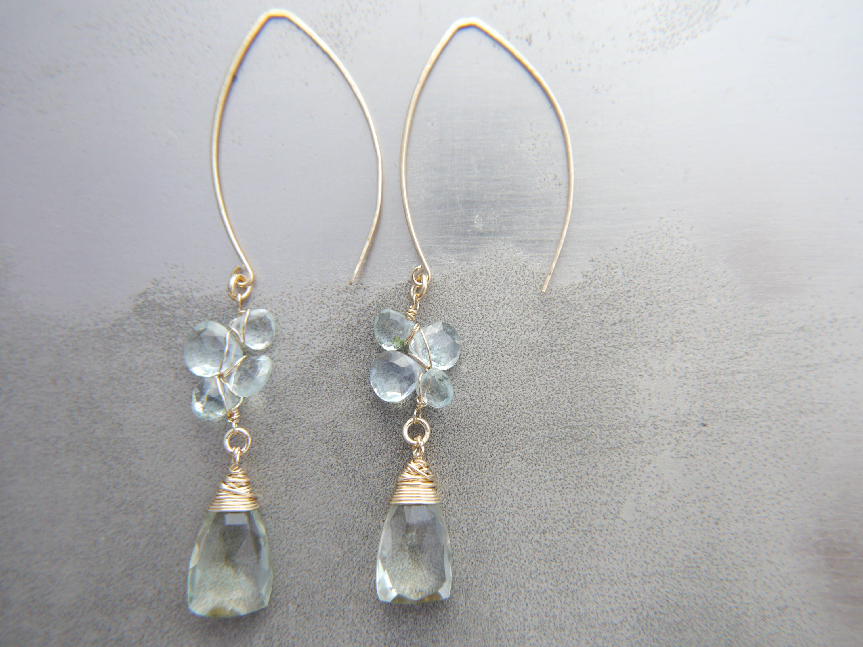 Aquamarine Green Amethyst Long Dangle Trillion Gemstone Earrings, 14K Gold Filled Bridal