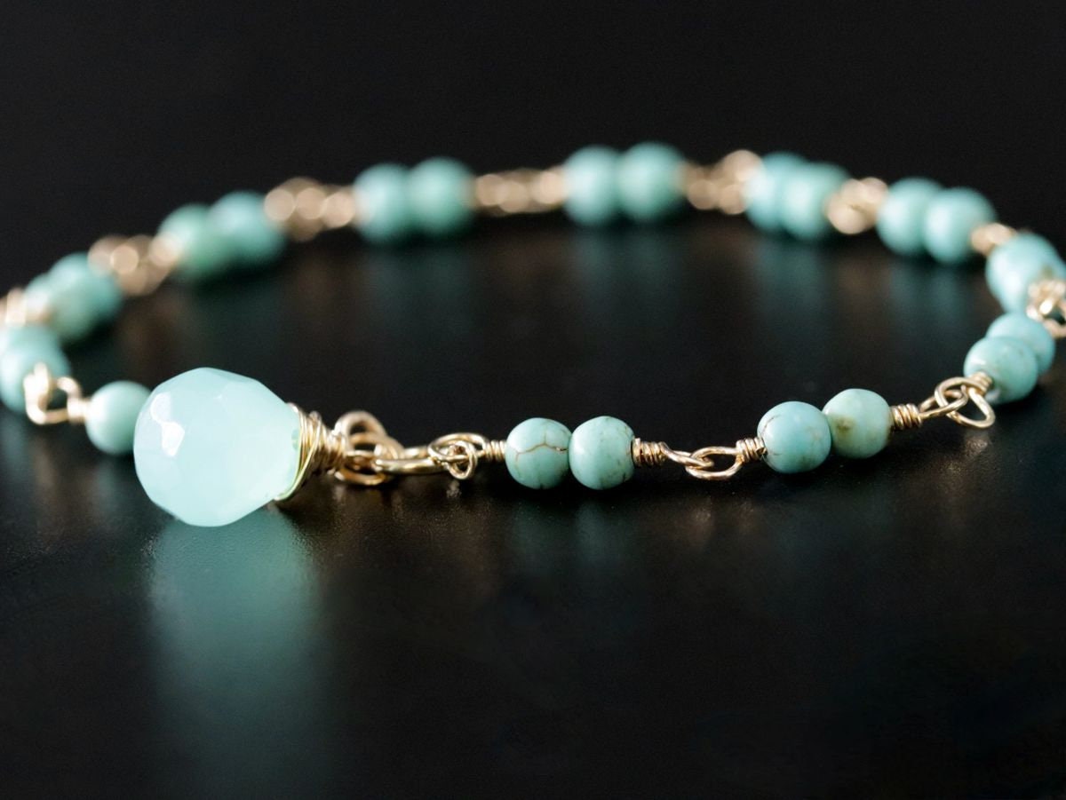Turquoise Magnesite Aqua Chalcedony Gemstone Bracelet, 14K Gold Filled Rosary Chain, Beading