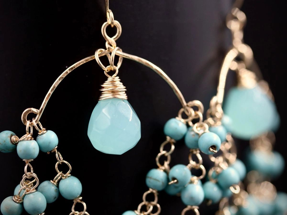 Turquoise Magnesite Aqua Chalcedony Fringe, Gemstone Earrings, 14K Gold Filled Bohemian Wedding