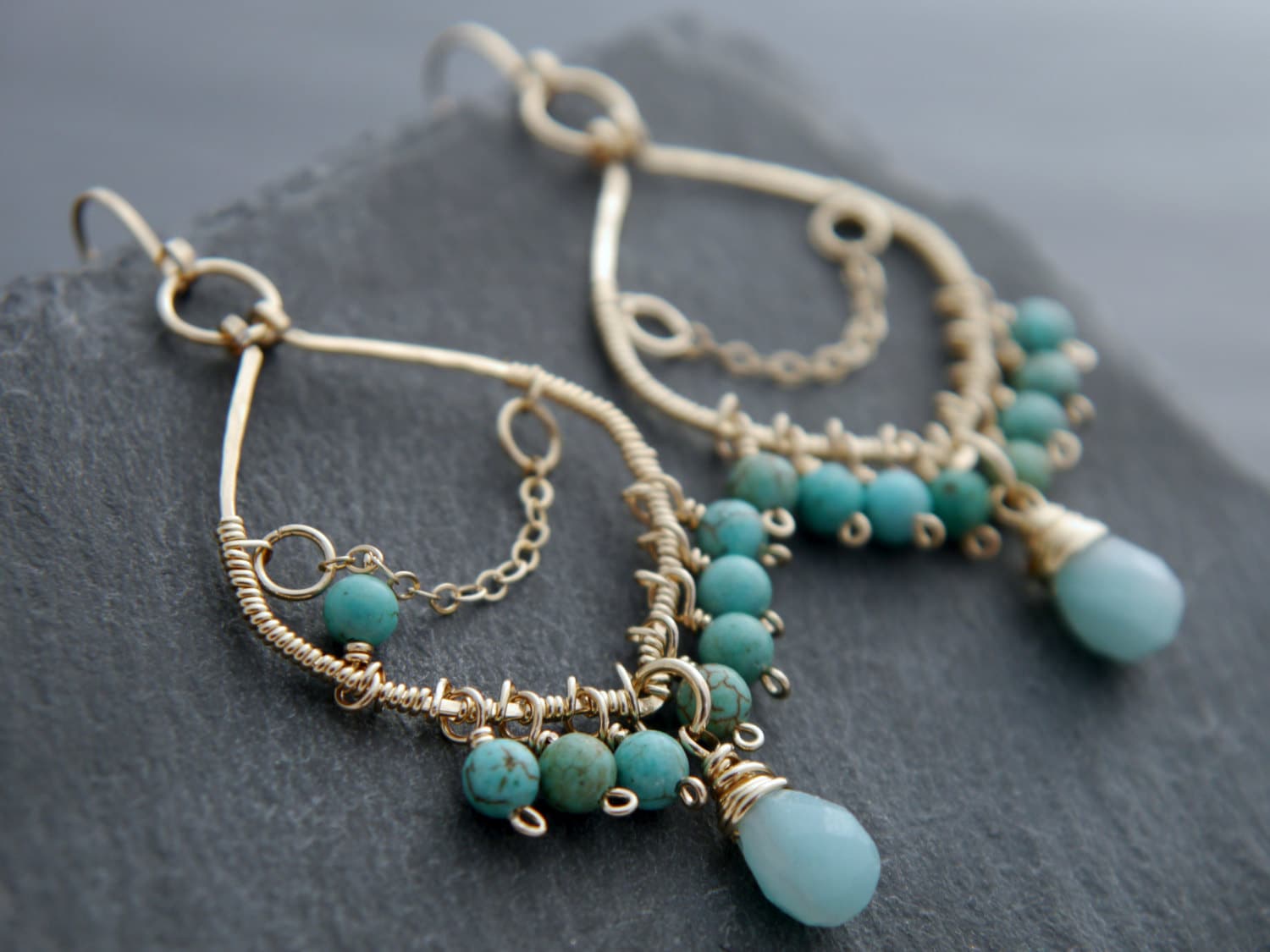 Turquoise Magenesite Aqua Amazonite Chandelier Fringe Gemstone Earrings, 14K Gold Filled