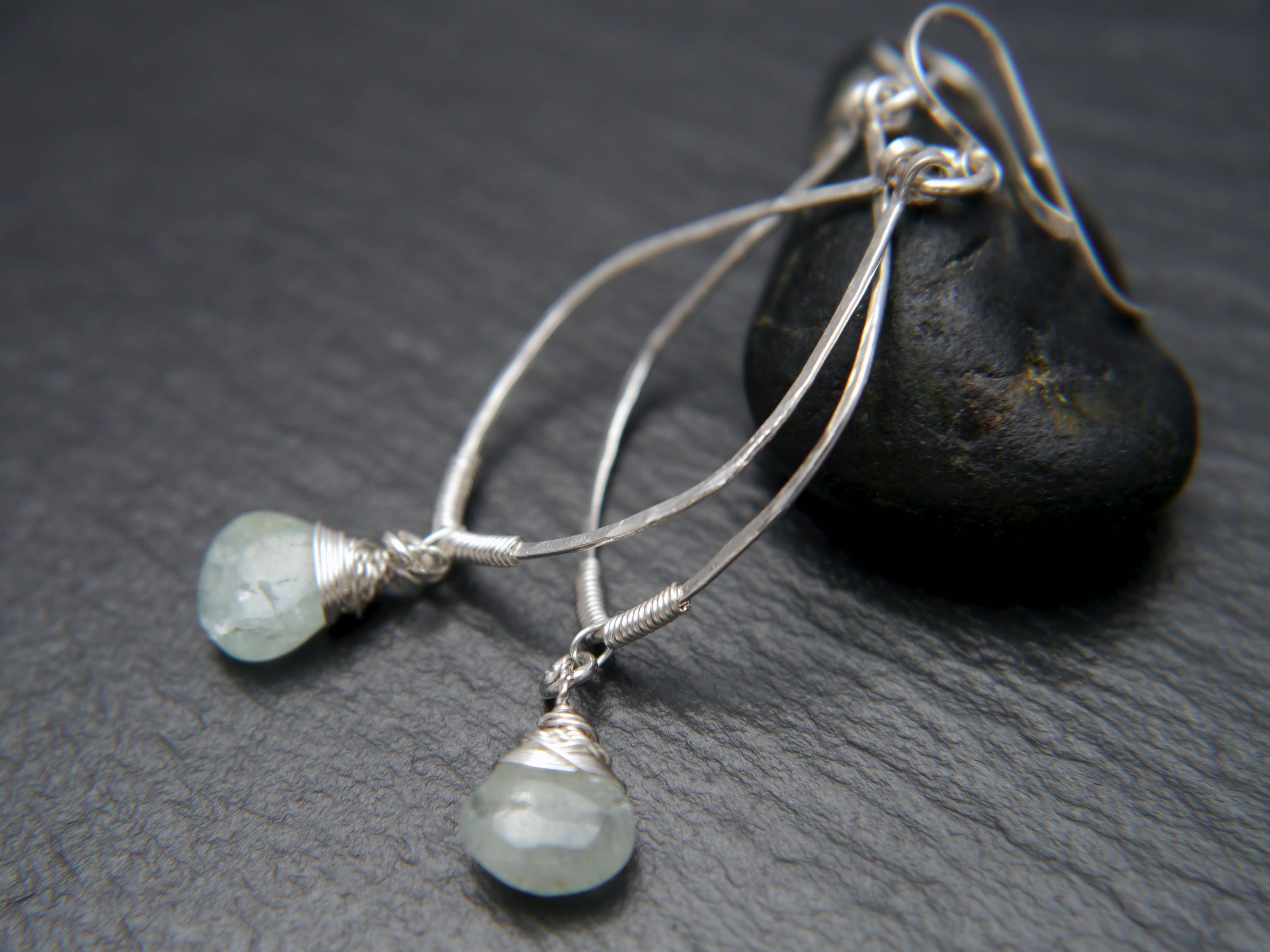 Aquamarine Leaf Dangle Gemstone Earrings, Sterling Silver, Nature Inspired
