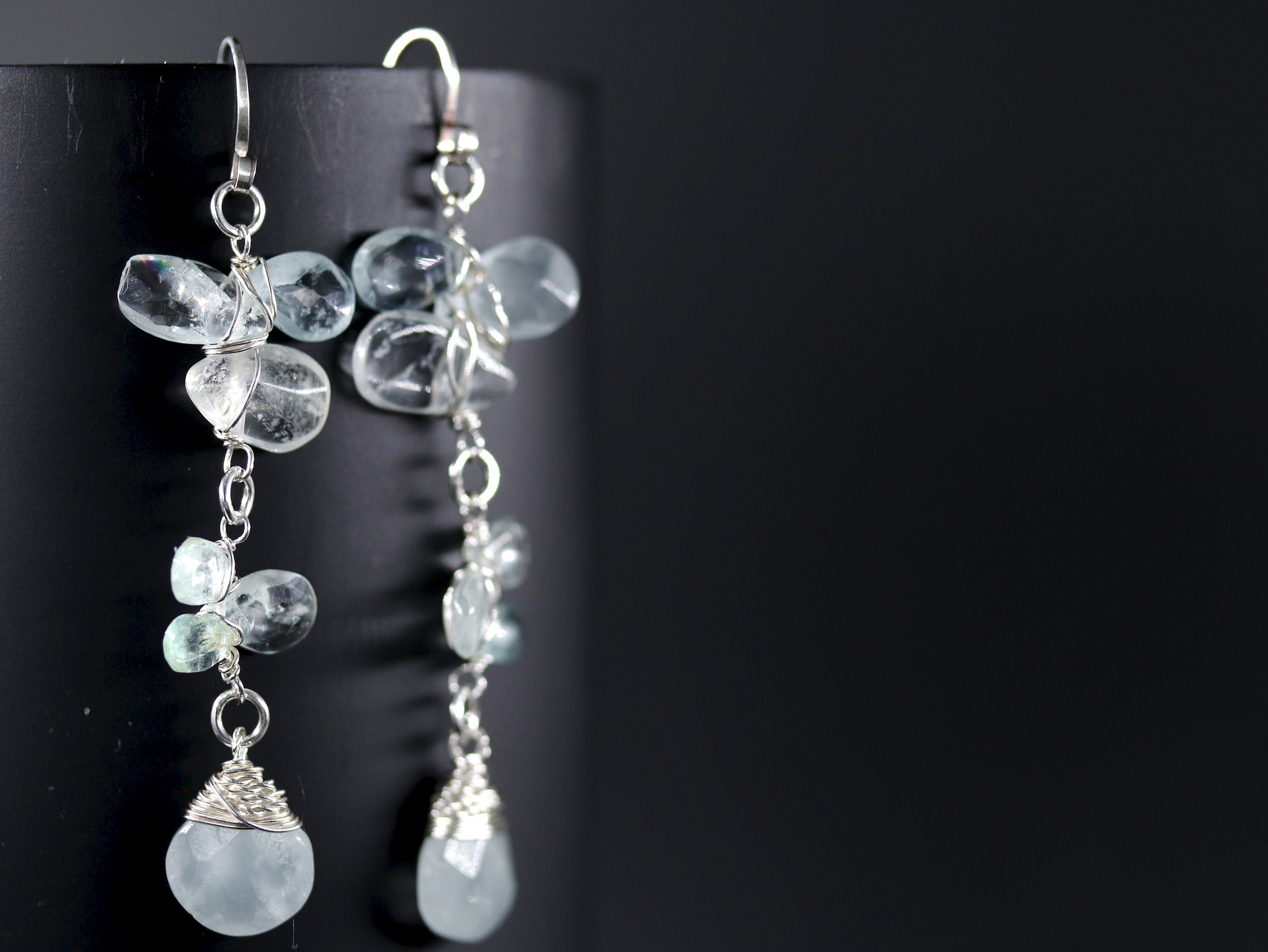 Aquamarine Long Dangle Floral Gemstone Earrings, Sterling Silver Wedding Jewelry